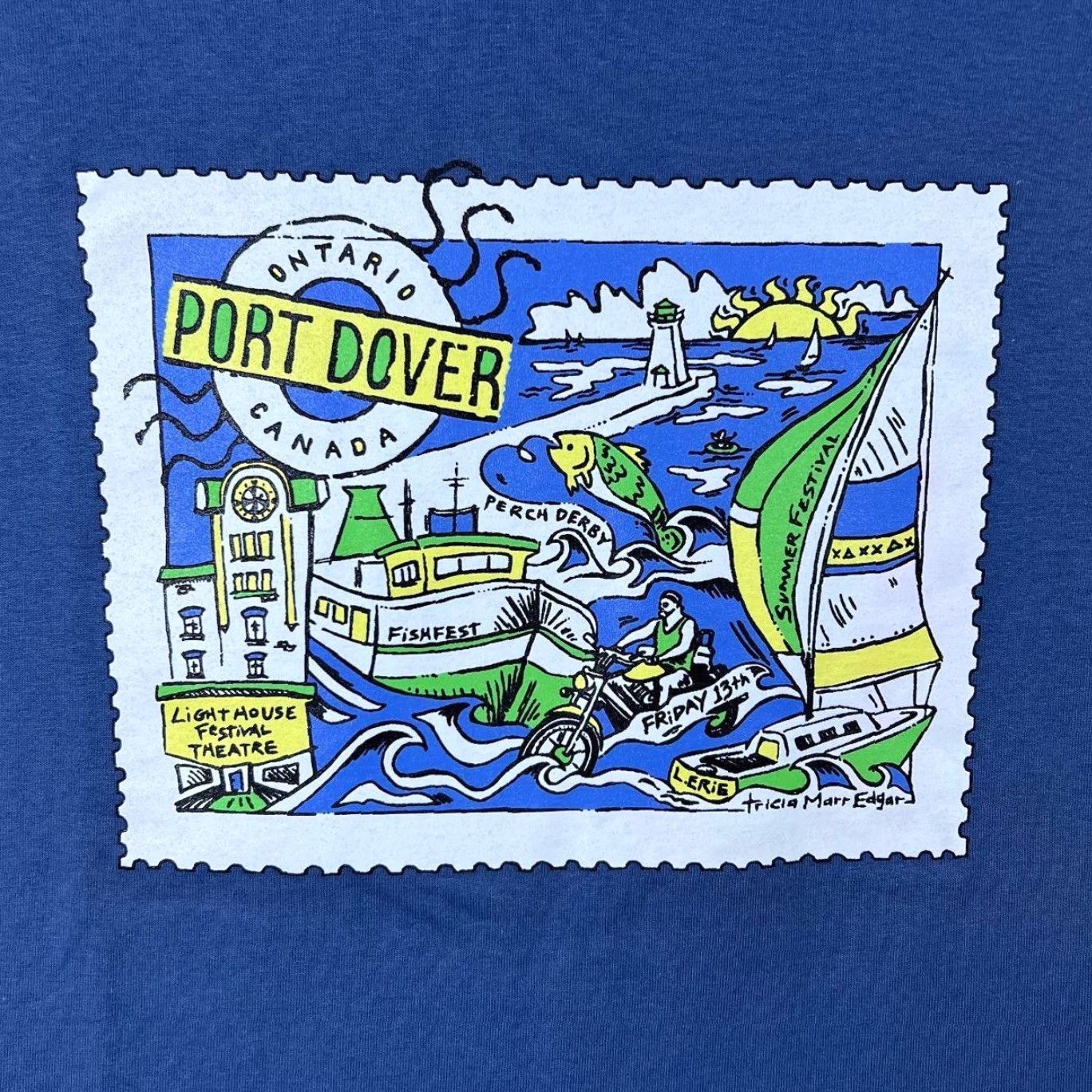 Gildan VINTAGE Port Dover Stamp Canada Souvenir Graphic Blue Cotton T-Shirt Large Size US L / EU 52-54 / 3 - 3 Thumbnail