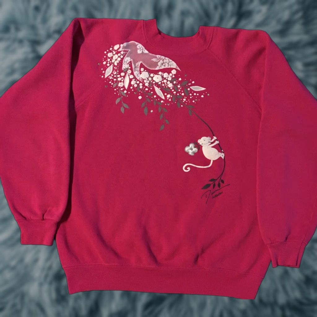 Vintage VINTAGE Sweatshirt 80s Hawaii Monkey Flowers S USA Beach Surf Art Nature Pink Mens Small 90s US Vintage American Vintage Pullover Shirt Hoodie? Size US S / EU 44-46 / 1 - 1 Thumbnail