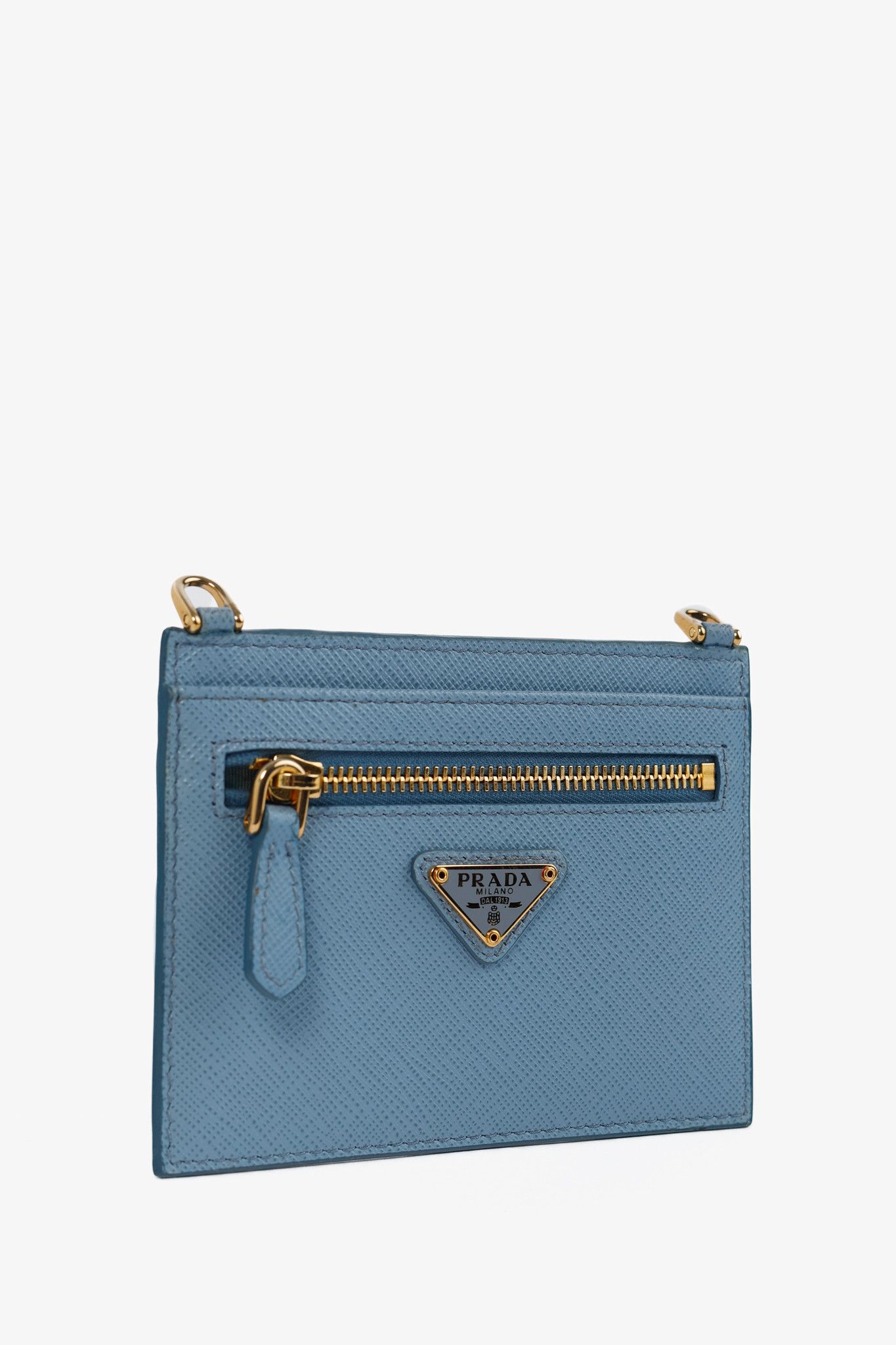 Prada Blue Saffiano Leather Shoulder-Strap Card Holder