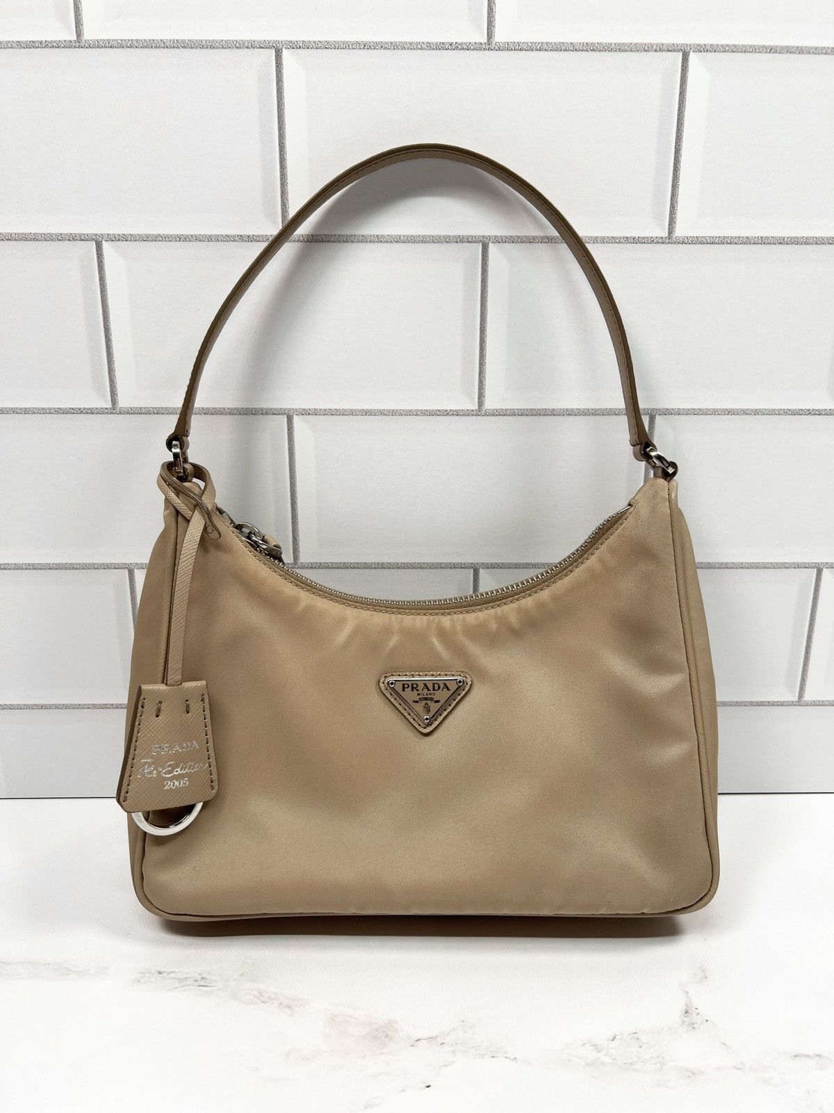 Prada Re-Edition 2005 Re-Nylon Mini Nude Shoulder Bag Purse in Beige, Women's