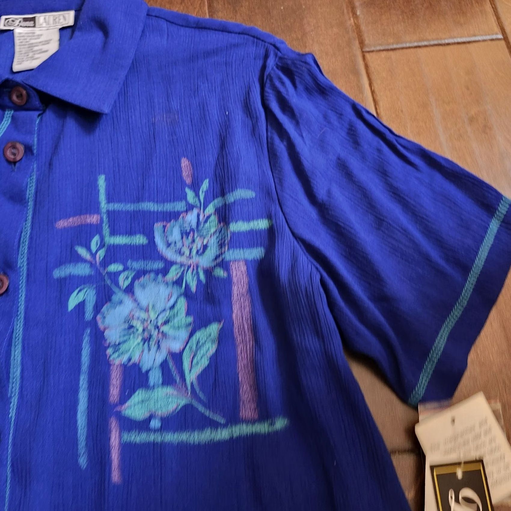 Vintage Dena Lauren Women's Blue Floral Button-Up Shirt - L - NWT Size L / US 10 / IT 46 - 6 Thumbnail