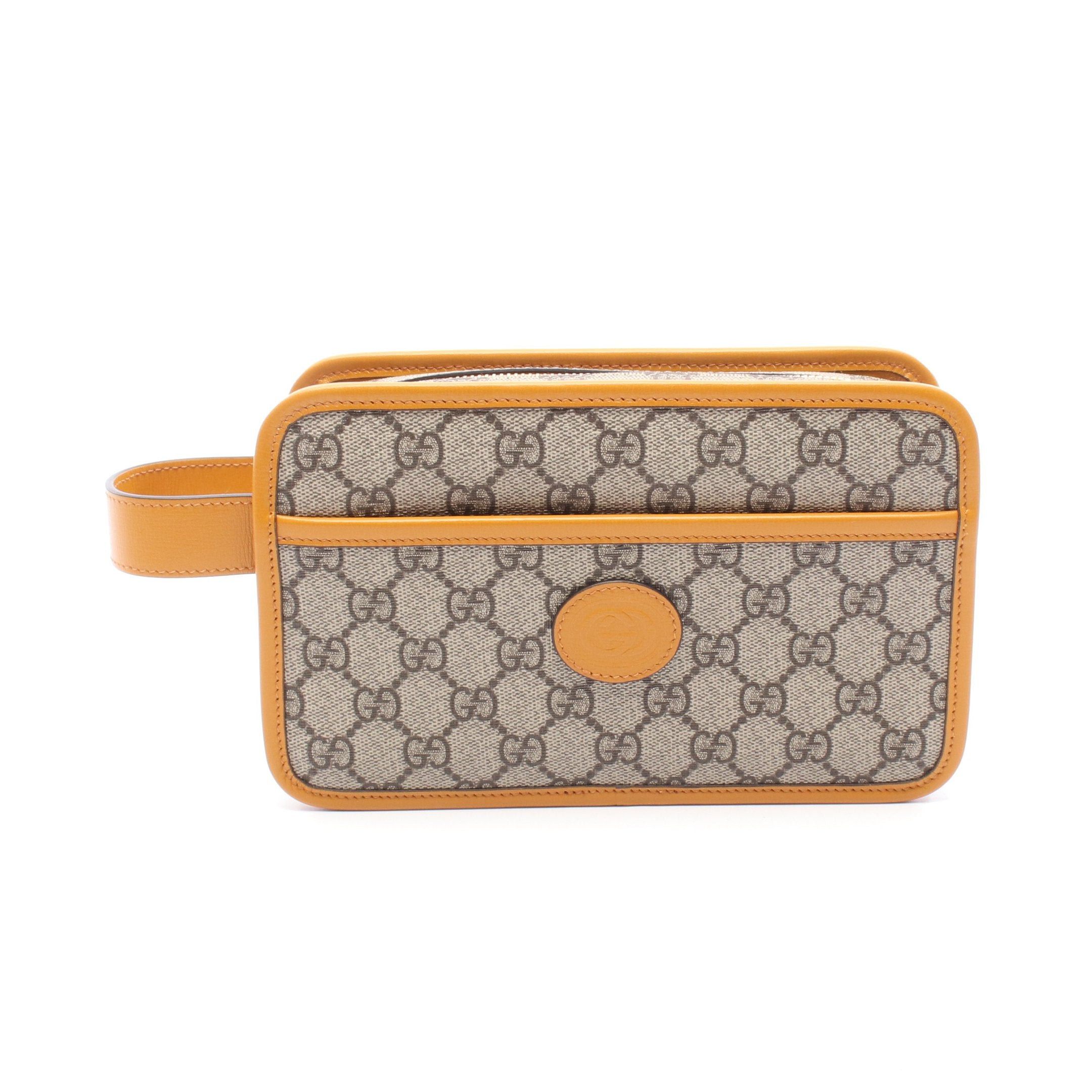 Gucci Gg Supreme Clutch Bag Leather Beige Dark Brown Yellow