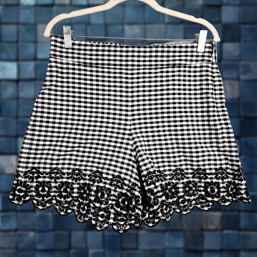 J.Crew J.CREW High Rise Gingham Eyelet Scallop Hem Shorts Elastic Waistband Size 8 New Multicolor Cotton Classic Womens Size 30" / US 8 / IT 44 - 1 Thumbnail