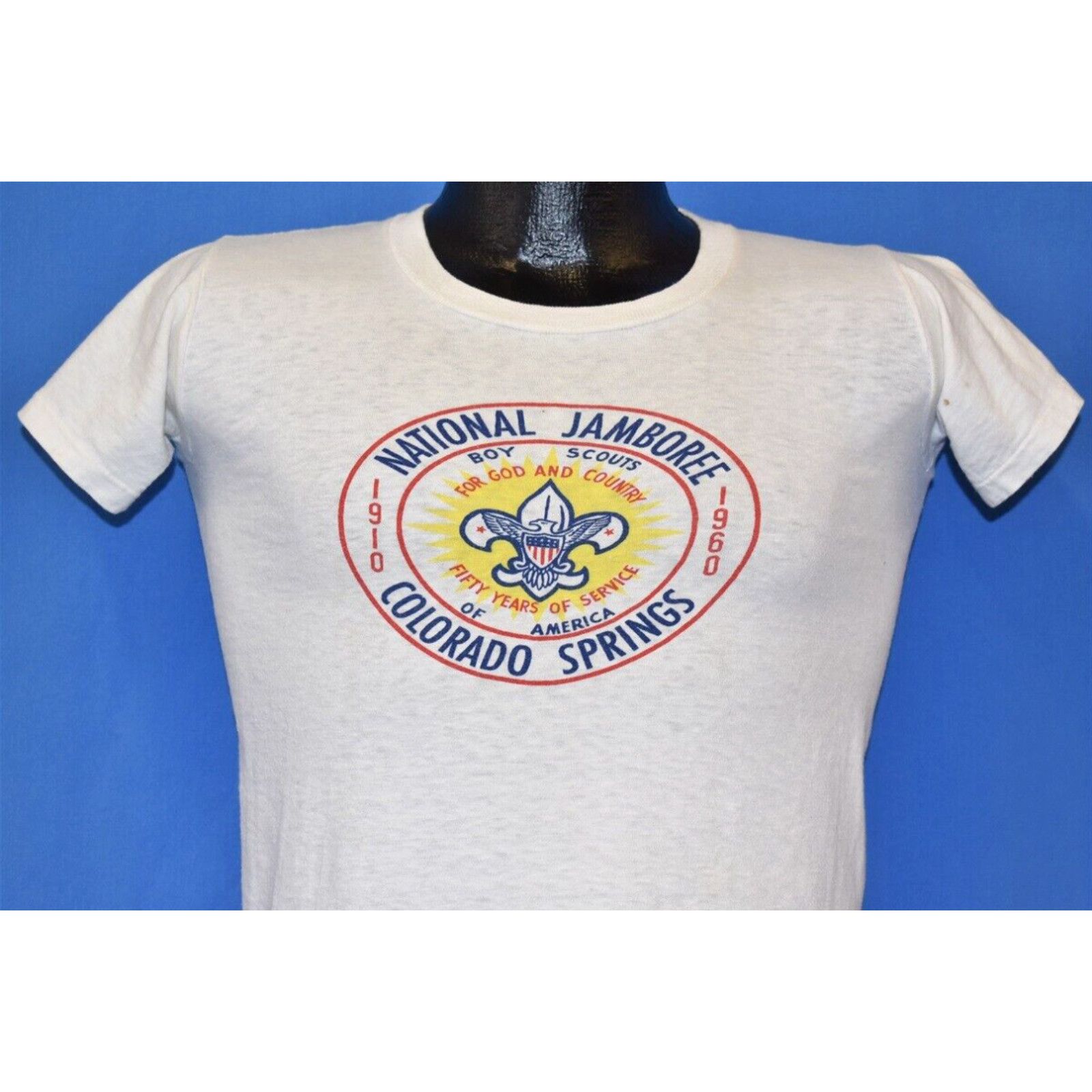 image of Vintage VTG 60S Boy Scouts America National Jamboree Colorado 50 Years T-Shirt Youth XL in White