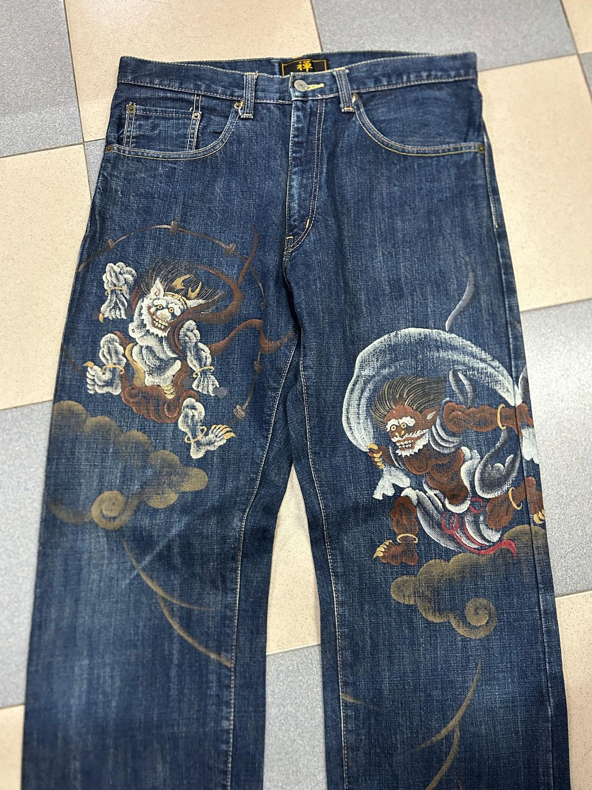 Japanese Brand Vintage Japanese Hand-Painted Fujin Raijin Zen Kyoto Jeans Size US 32 / EU 48 - 4 Thumbnail