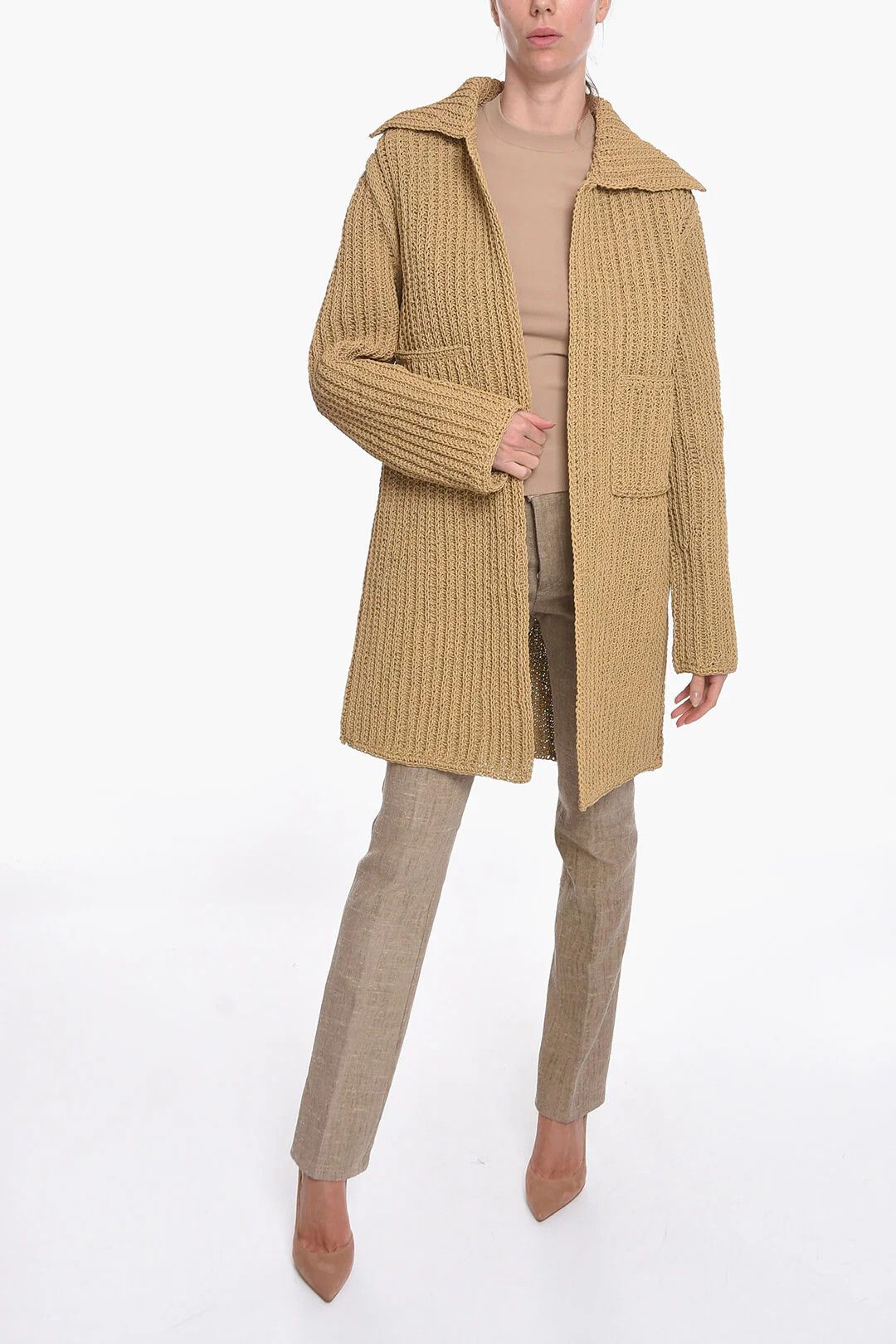 Bottega Veneta og1mm0426 Leather-Knit Coat in Beige Size S / US 4 / IT 40 - 4 Thumbnail