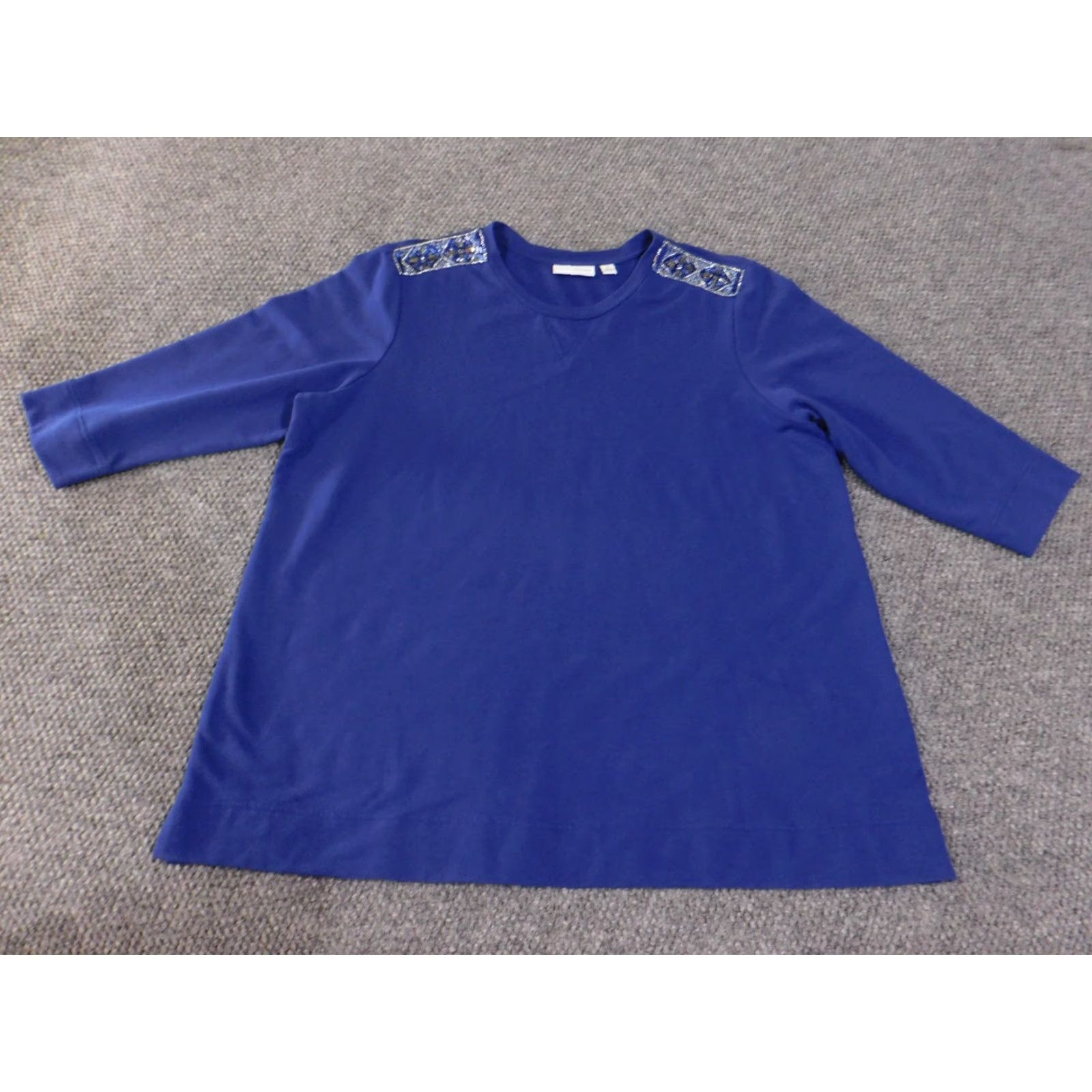 Vintage Susan Graver Shirt Womens 1X Blue Beaded Embellished Shoulder 3/4 Sleeve Pullover Top Size XL / US 12-14 / IT 48-50 - 2 Thumbnail