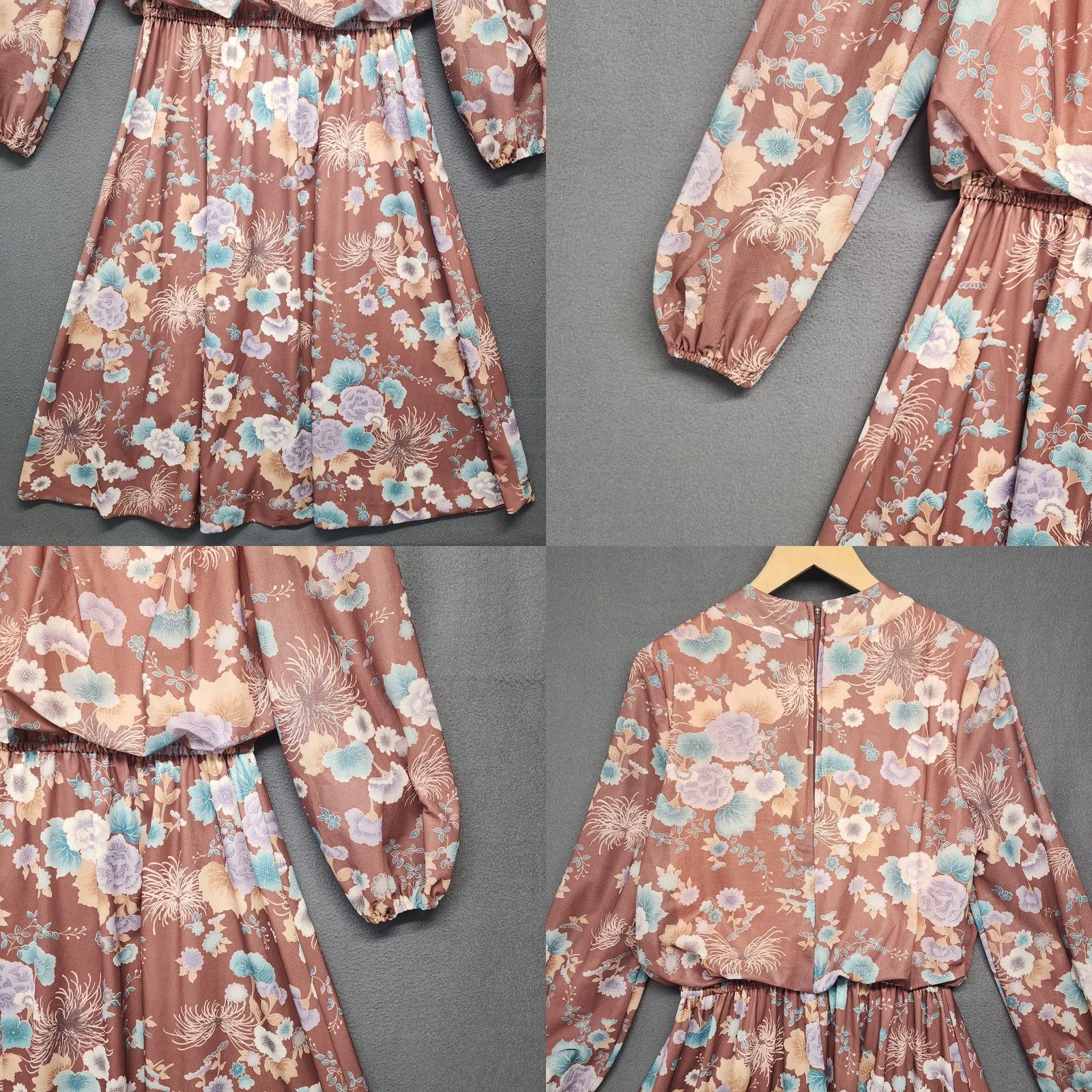 Vintage VINTAGE Womens Dress Brown Floral Blouson Zip Back 80s Midi Dress Womens Small/Mid 28" Waist Brown Floral Blouson 80s Midi Mens/Womens Size 4XL / US 24-26 - 8 Thumbnail