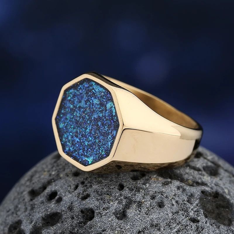 Vintage Geometric Epoxy Blue Gold Ring Size ONE SIZE - 3 Thumbnail