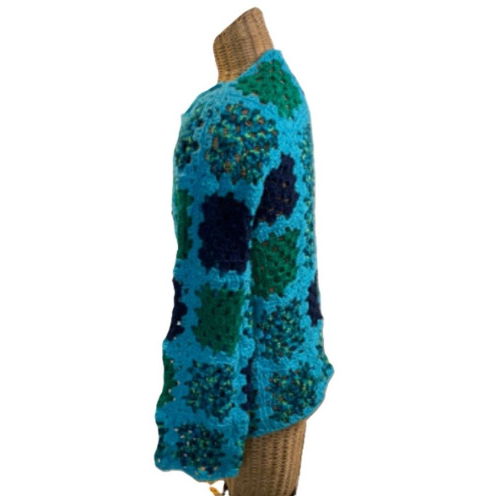 Handmade Crochet Cardigan Sweater Granny Square Turquoise Blue Green Size ONE SIZE - 5 Thumbnail
