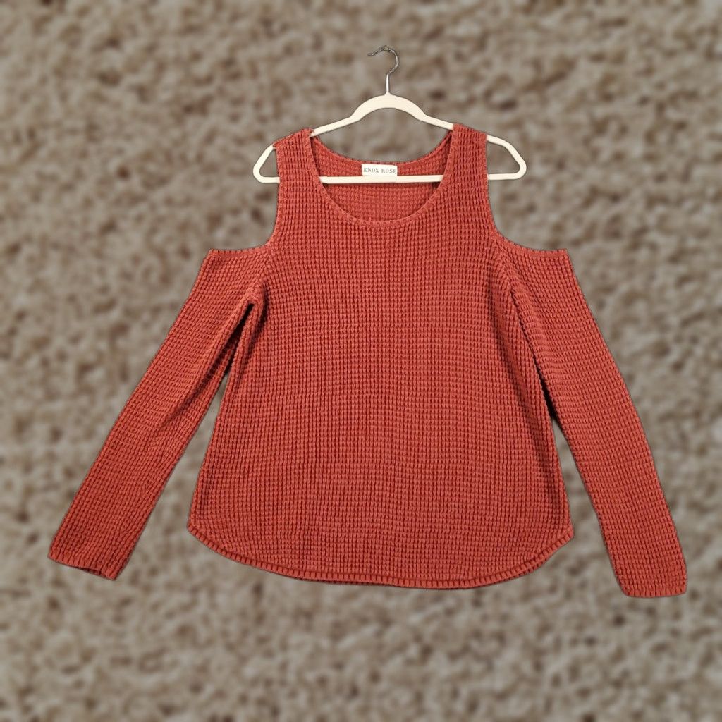 Vintage Womens Sweater Knox Rose Pullover Knit Long Sleeve Round Neck Orange Cold Shoulder Chunky- Knit 100% Cotton Bohemian Size M Size M / US 6-8 / IT 42-44 - 1 Thumbnail