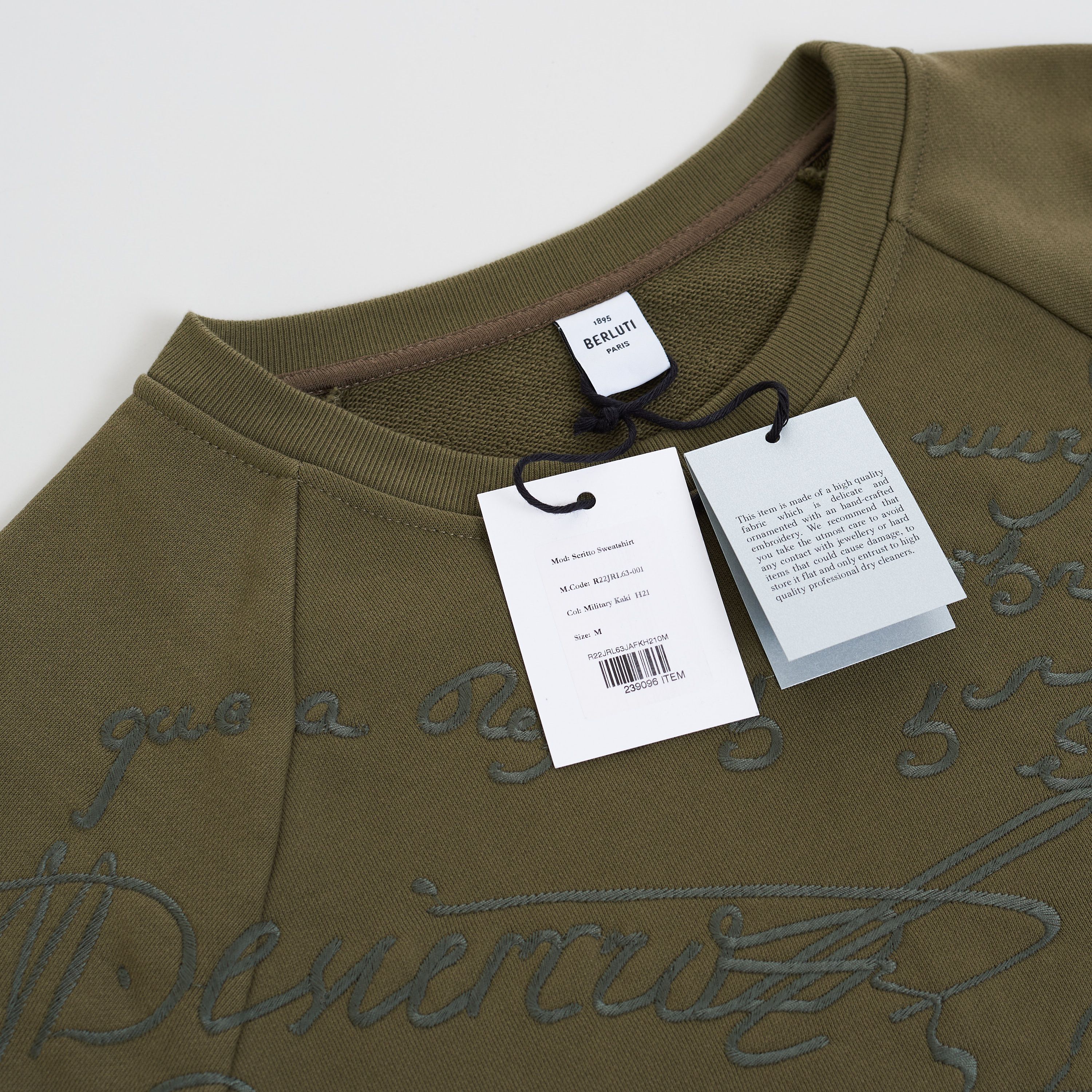 Berluti Embroidered Scritto Sweatshirt In Khaki Green Cotton Size US M / EU 48-50 / 2 - 12 Thumbnail
