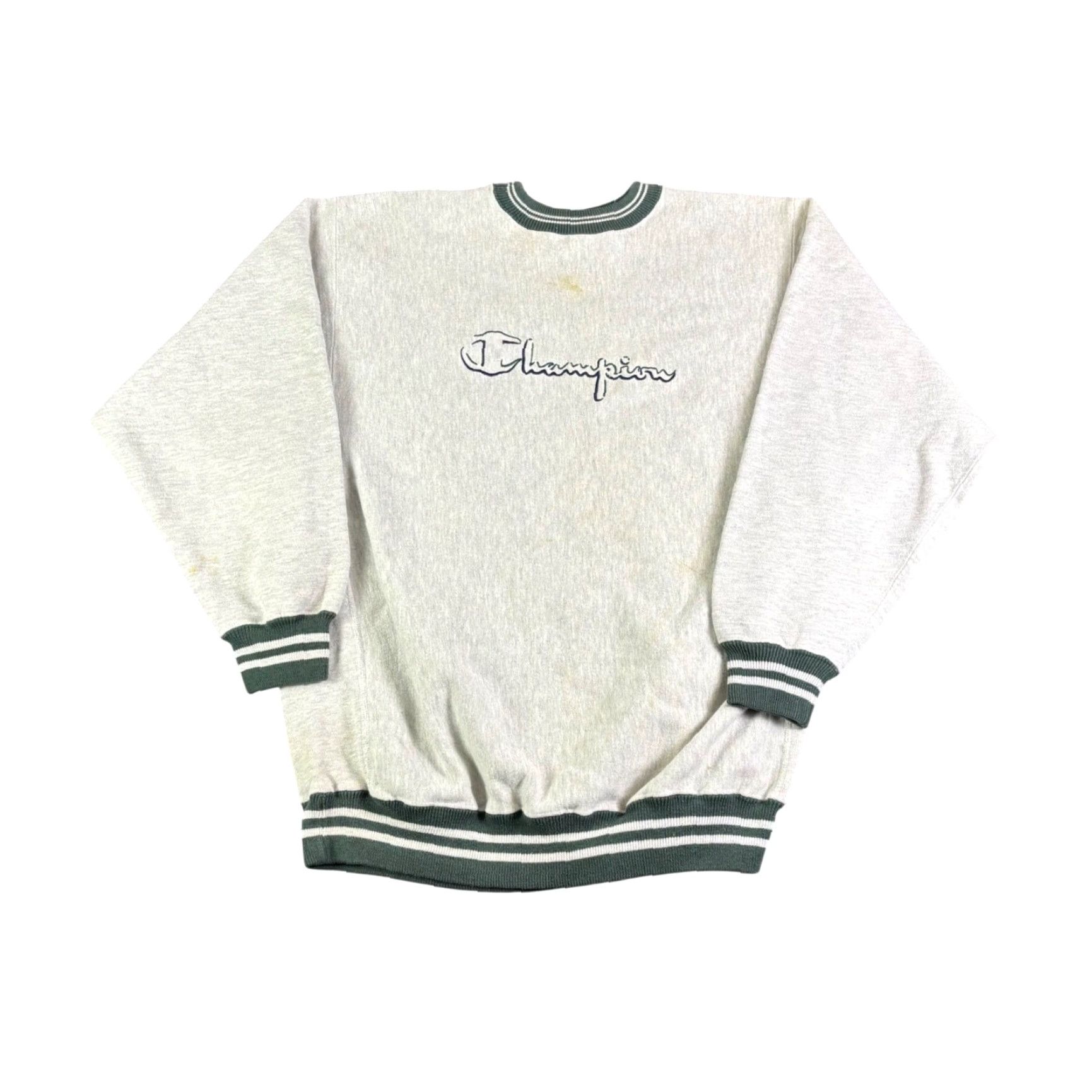 Champion VINTAGE Champion Sweatshirt XX-Large Gray Green Trim Logo Spell Out Crew Neck Long Sleeve Ribbed Preshrunk Logo Embroidered College Reverse Weave Men Size US XXL / EU 58 / 5 - 2 Thumbnail