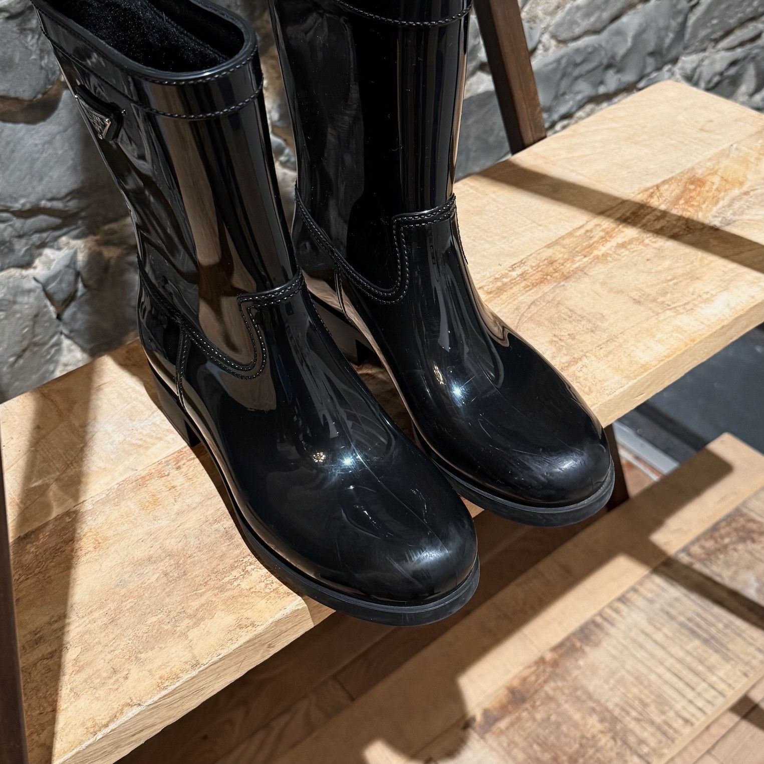 Prada Prada Black Enamel Triangle Mid-Calf Rain Boots Size US 8 / IT 38 - 5 Thumbnail