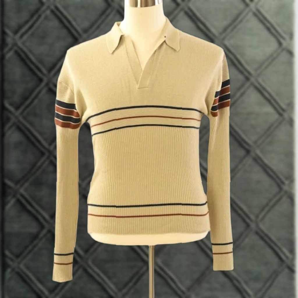 VINTAGE National Shirt Men’s Sweater Knit Polo Shirt 80s Retro Preppy  V-Neck Long Sleeve L Beige