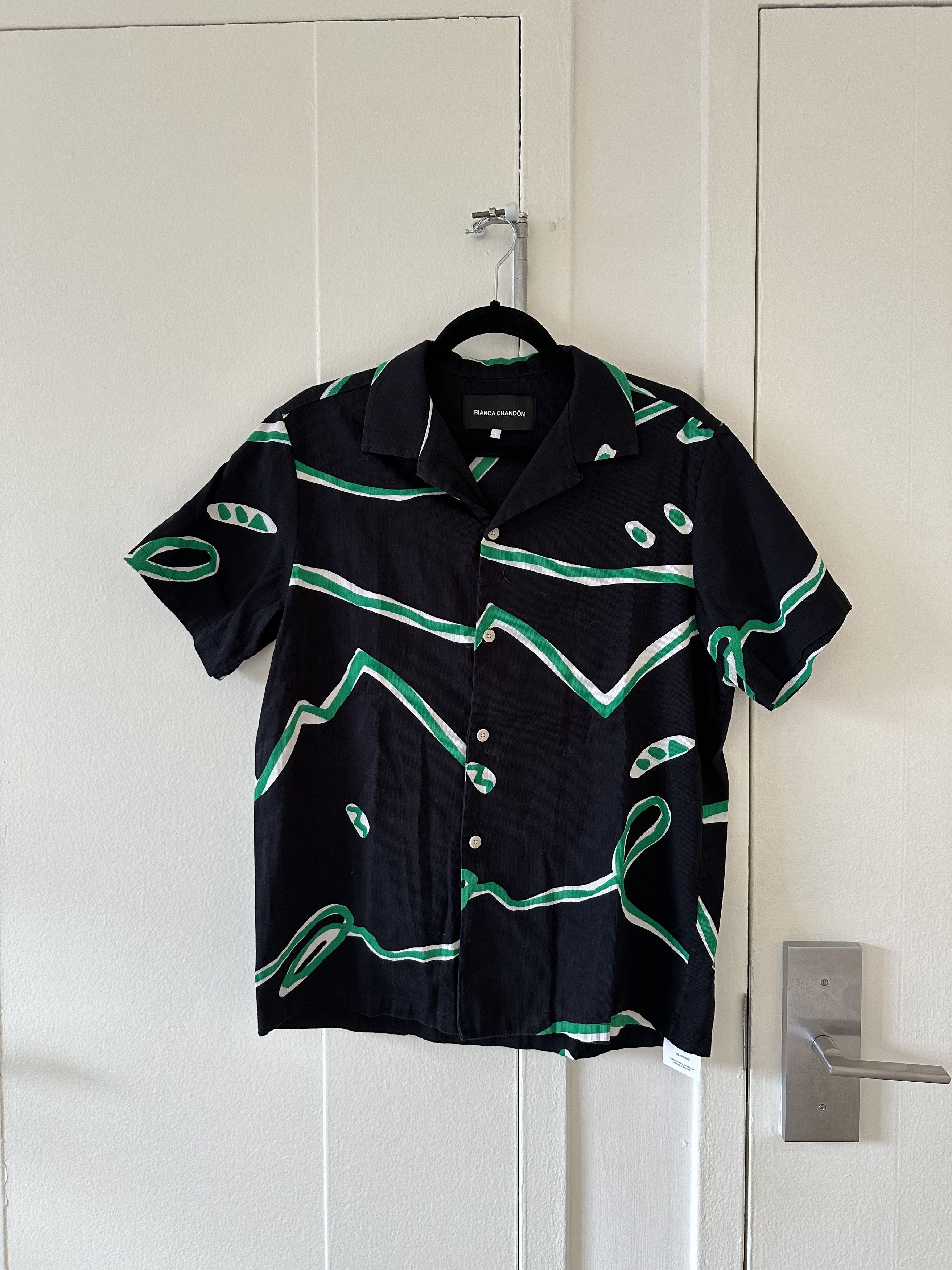 image of Bianca Chandon Abstract Print Camp Collar Shirt in Black/Green, Men's (Size Medium)
