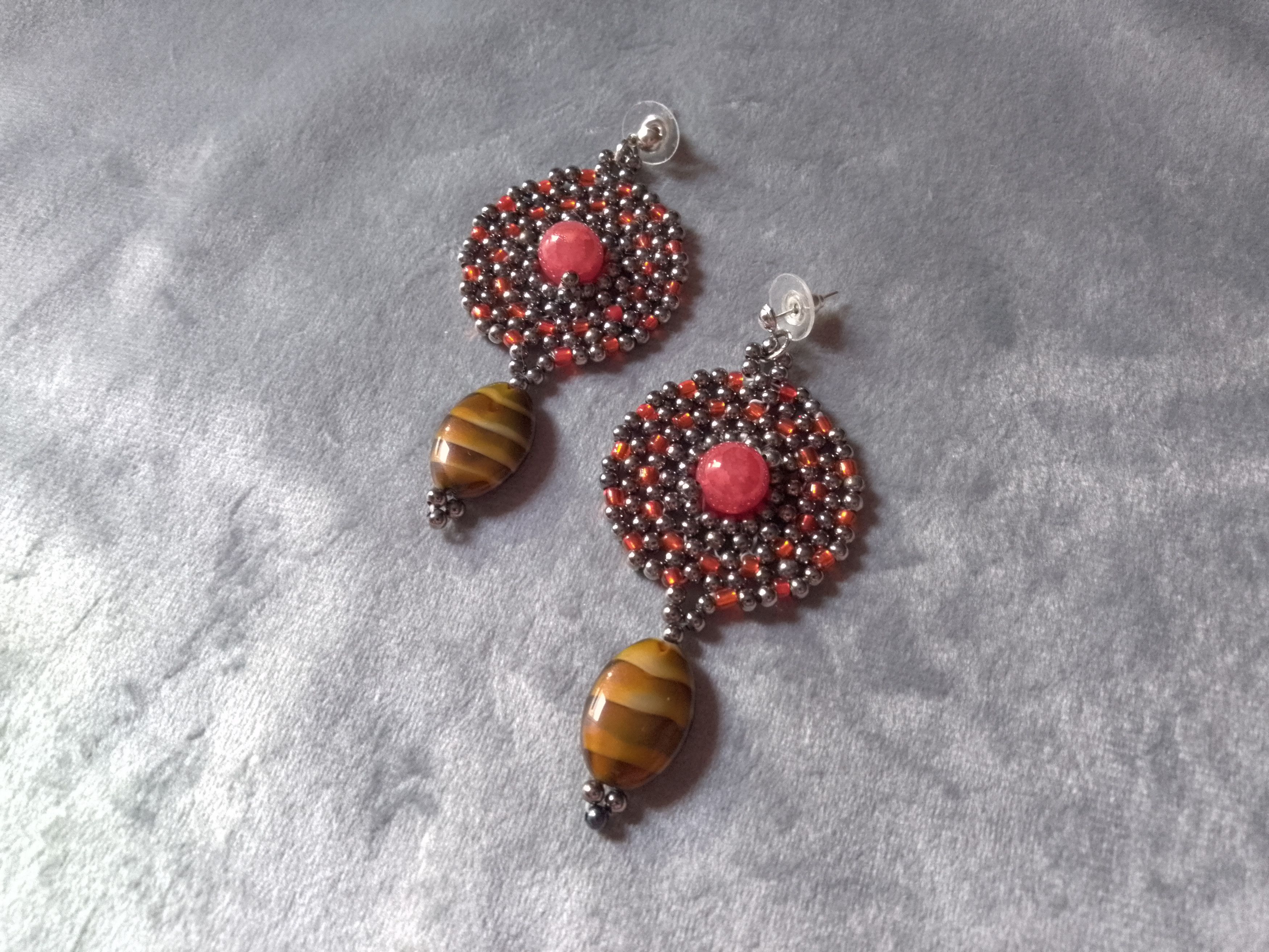 Handmade Earrings Vintage brass Long Red agate+eye of tiger gemstones Size ONE SIZE - 1 Thumbnail