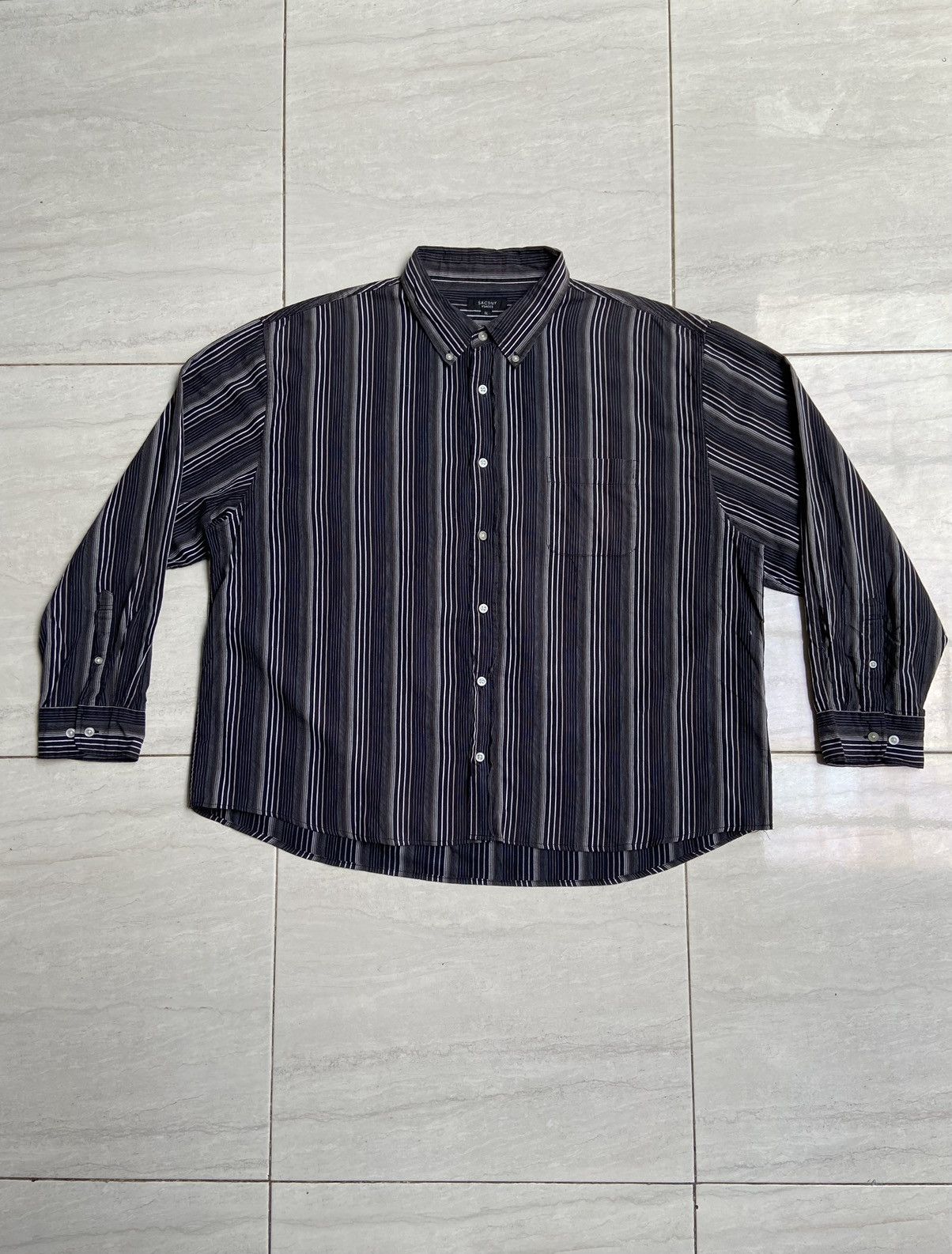 image of Yohji Yamamoto Sacsny Y’Saccs Navy Striped Boxy Crop Shirt, Men's (Size 2XL)