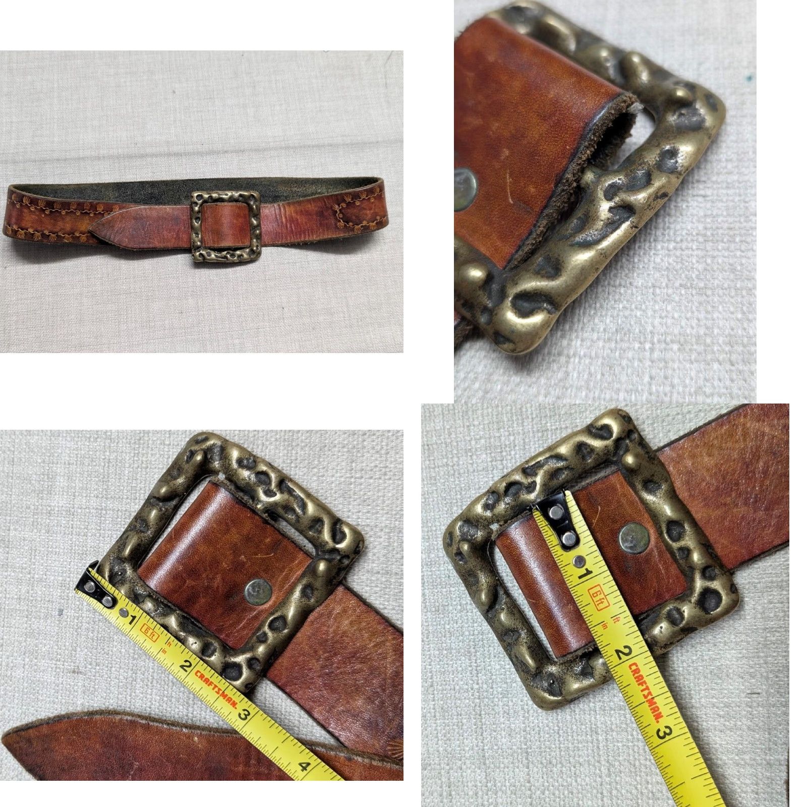 Vintage VINTAGE leather belt Western belt Tooled brown 30 30/32 1-5/8" Buckle snaps Mens 1970s Brutalist Hippie Boho Chenille Size 30 - 9 Thumbnail