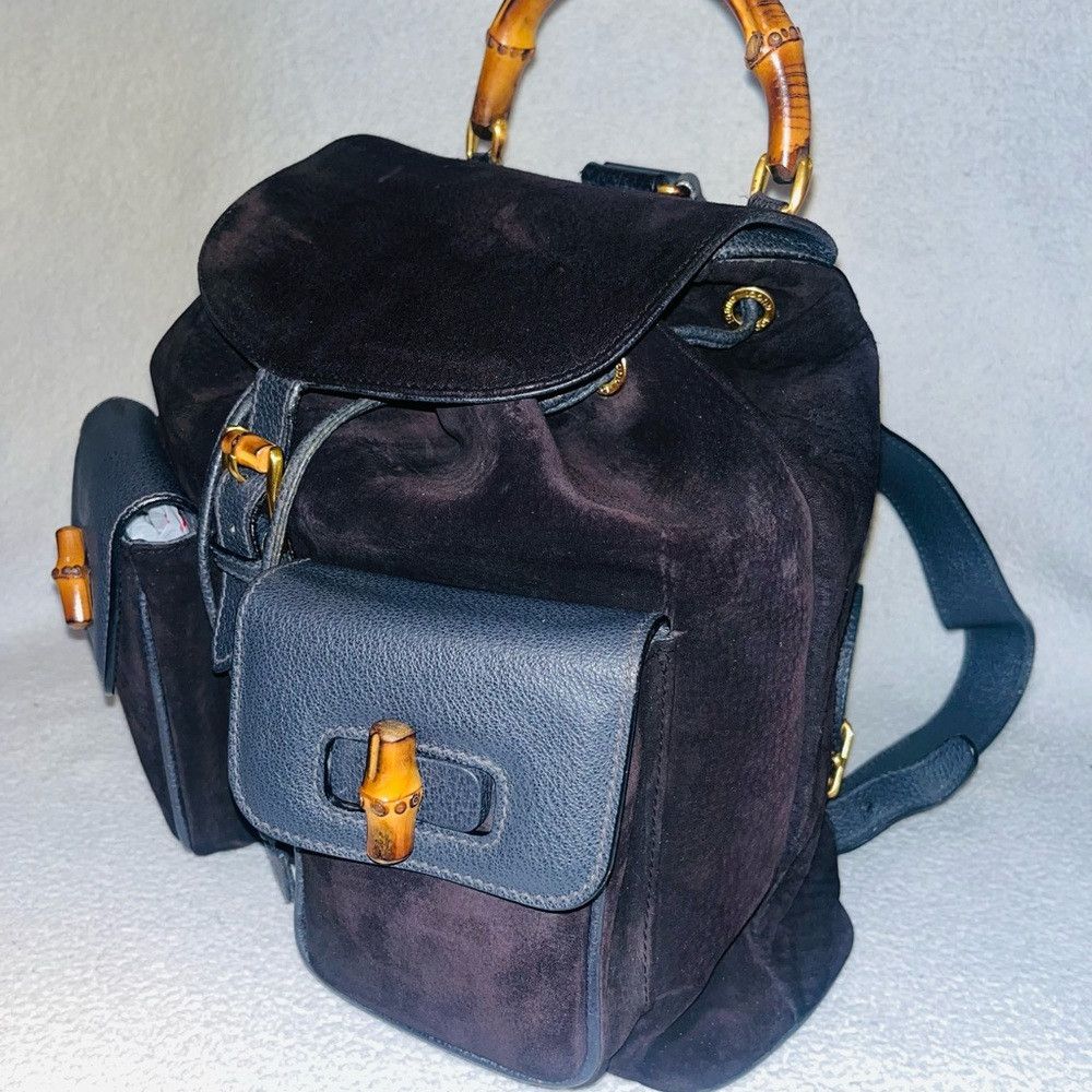 Gucci Bamboo Black/Navy Blue Suede/Leather Backpack