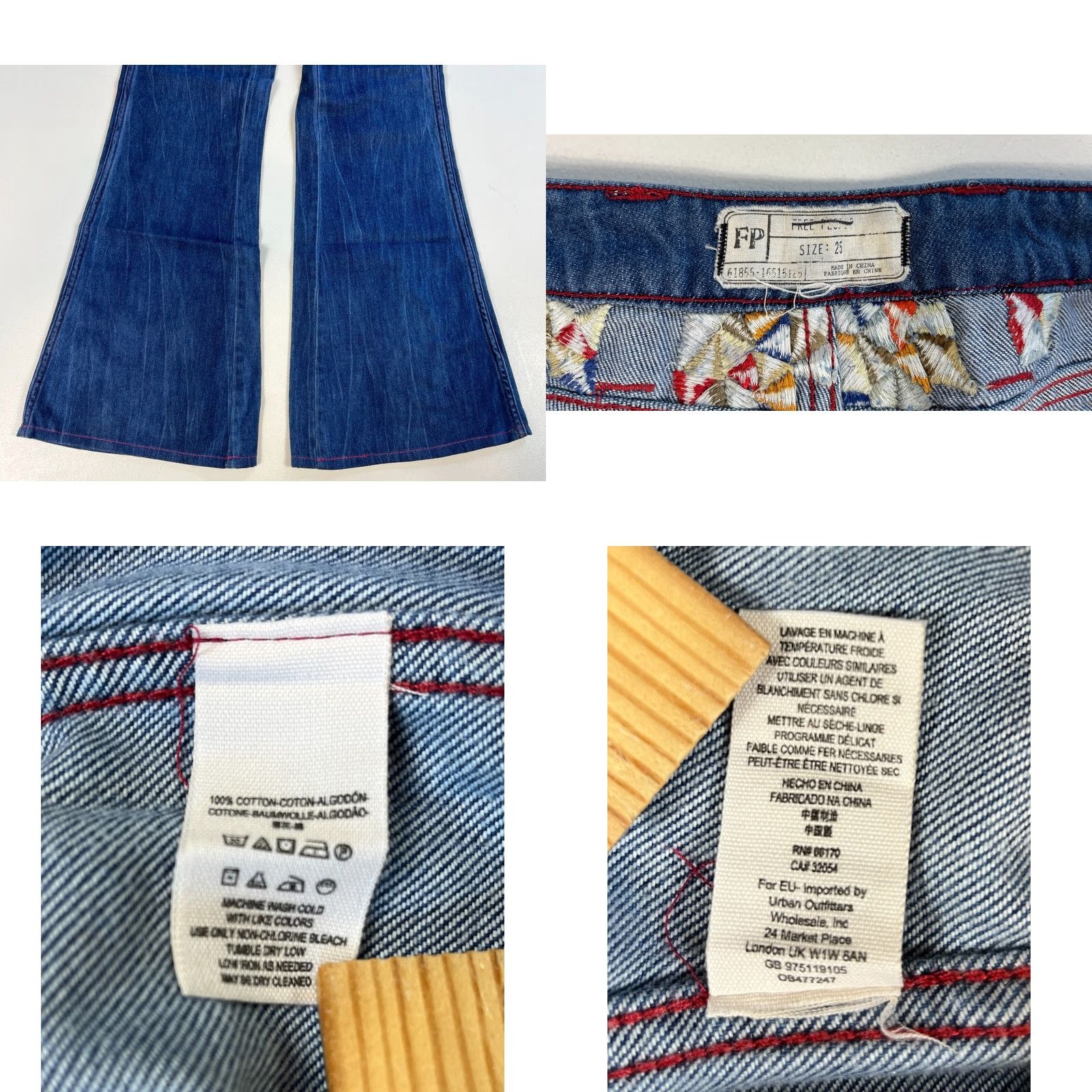Free People VINTAGE Free People Women's Flare Jeans Boho Embroidered Sz 25 Blue Cotton Denim 31in Inseam Womens Size 42" / US 20 - 8 Thumbnail