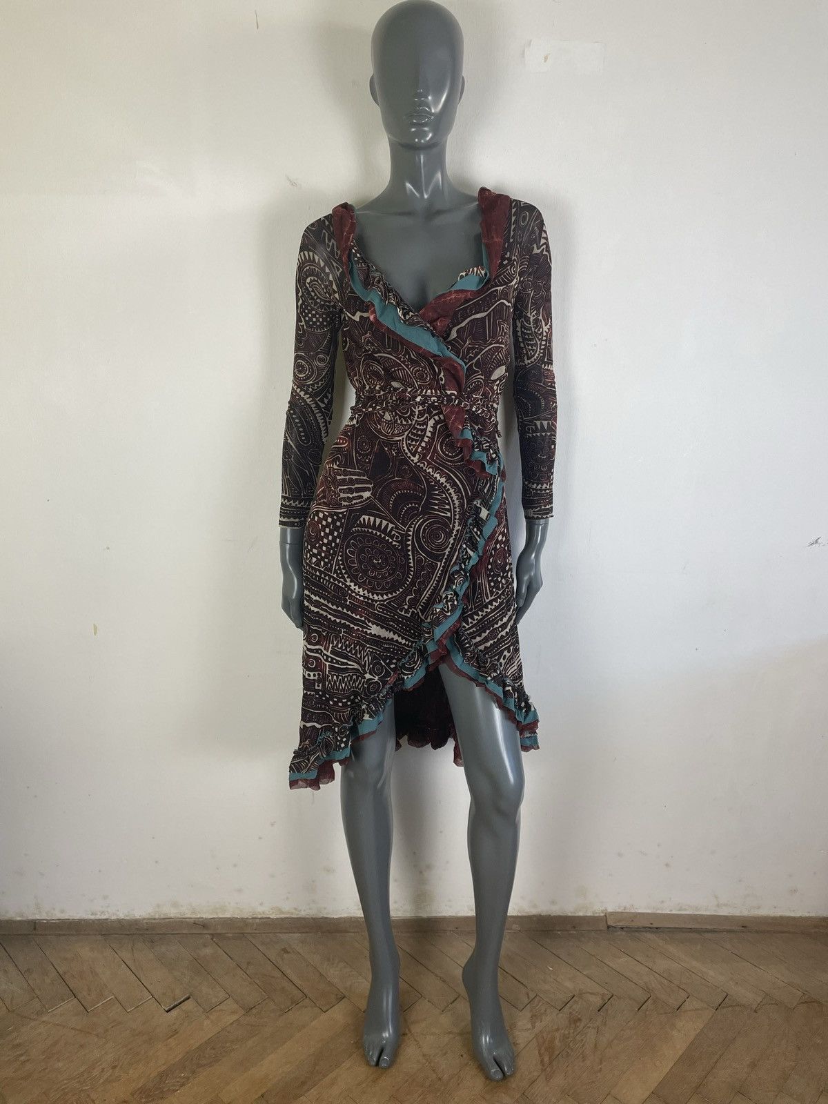 Gaultier Classique 90’s Aztec Tribal Tattoo Wrap mesh dress