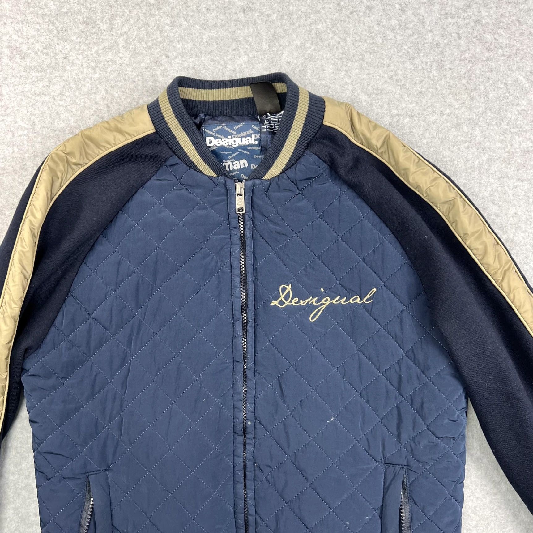 Desigual Desigual Jacket Mens Small Blue Navy Quilted Bomber Full Zip Gold Stripe Pockets Size US S / EU 44-46 / 1 - 5 Thumbnail