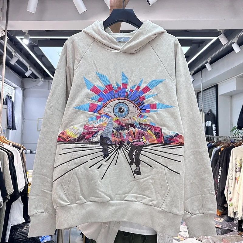 image of Beige Color Embroidered Hoodie With Eyes in White, Men's (Size Medium)