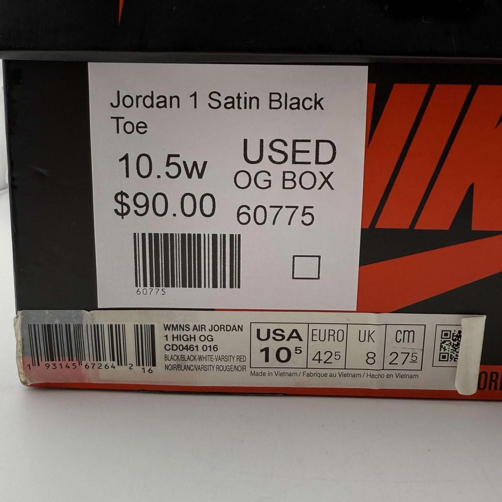 Nike Jordan 1 Satin Black Toe 10.5W Used OG Box Size US 9 / IT 39 - 9 Thumbnail