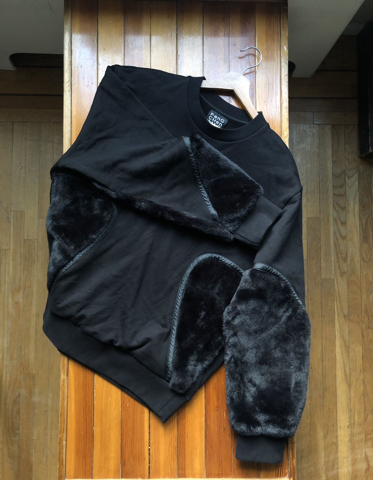 image of Fw19 Feng Chen Wang Faux Fur Panelled Sweatshirt in Black, Men's (Size Large)