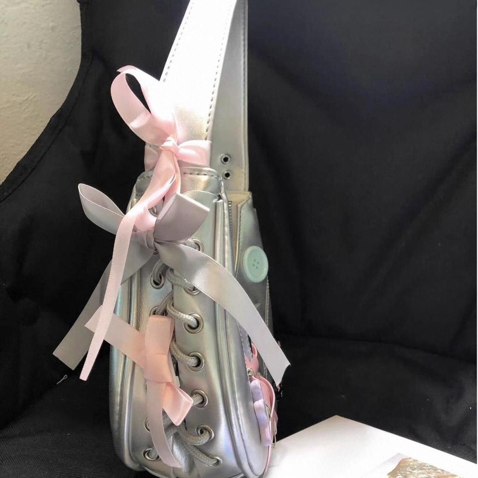 Other Y2K Silver Hobo Bag – Cute Pink Lace‑Up Charm Shoulder Purse Size ONE SIZE - 6 Thumbnail