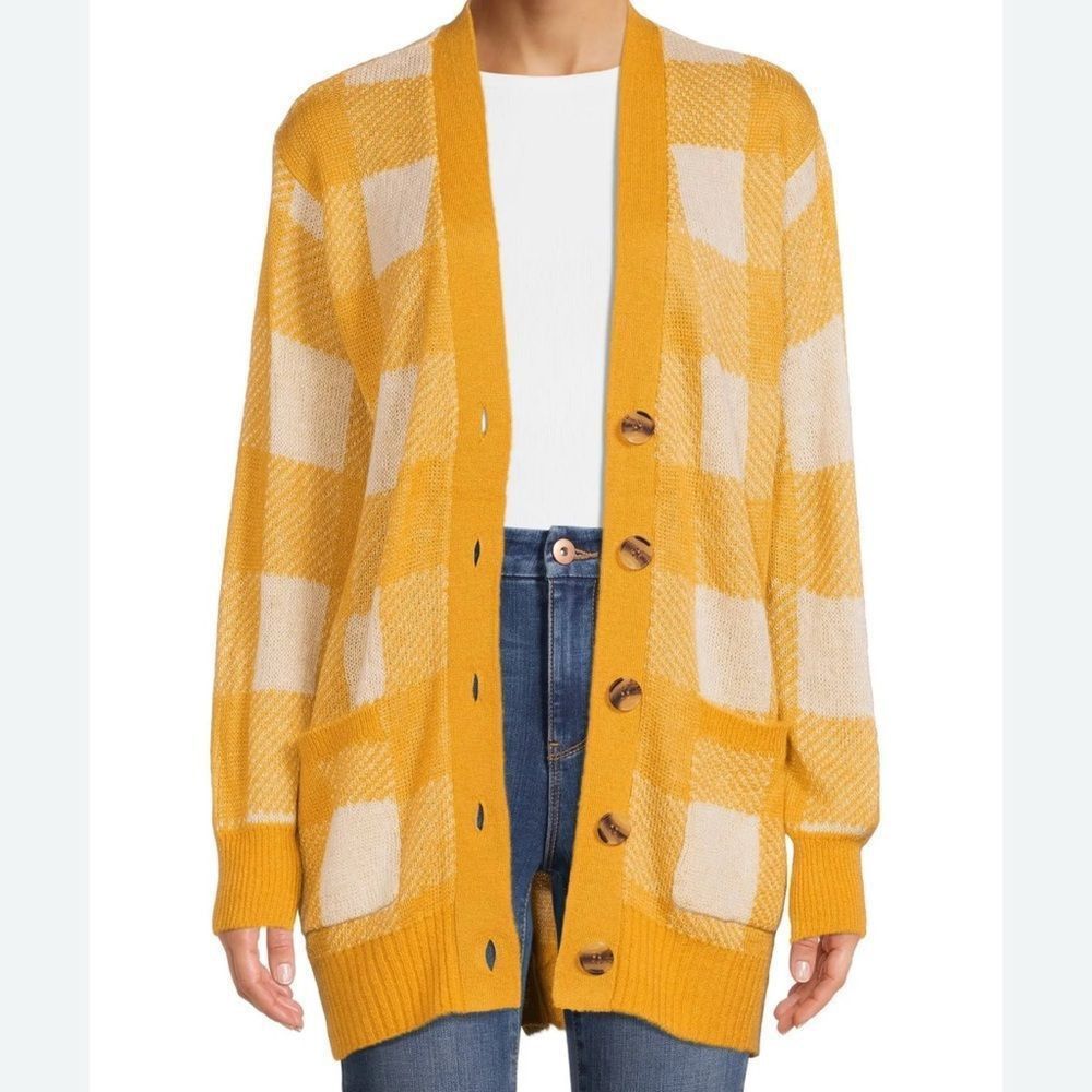 Other Yellow and Cream Checkered Long Cardigan Sweater Size L / US 10 / IT 46 - 1 Thumbnail