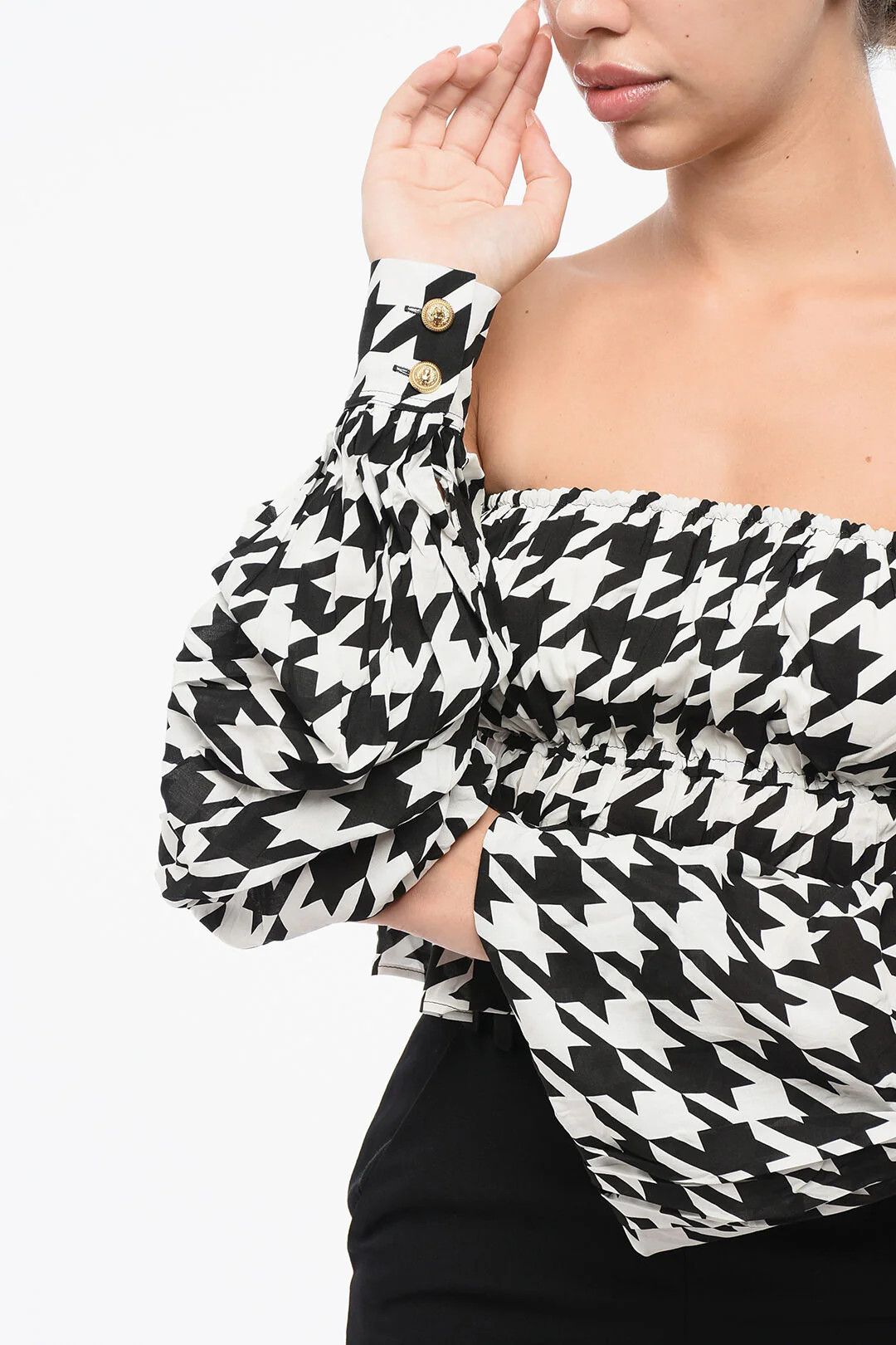 Balmain og1mm0326 Cold-Shoulder Crop Top in Black & White Size XS / US 0-2 / IT 36-38 - 5 Thumbnail