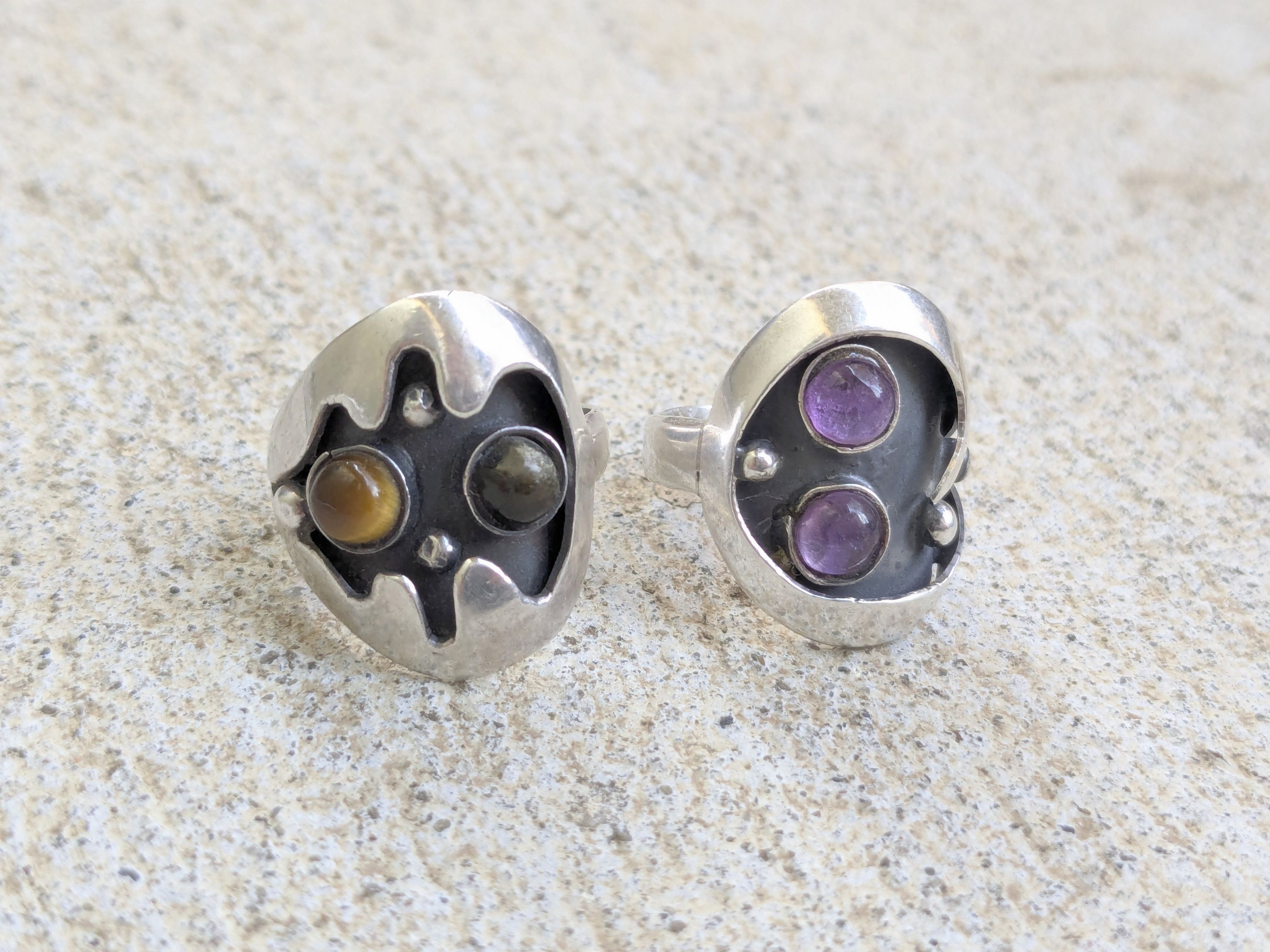 Jewelry Vintage Taxco Sterling Silver Rings Amethyst Tiger Eye Size ONE SIZE - 1 Thumbnail