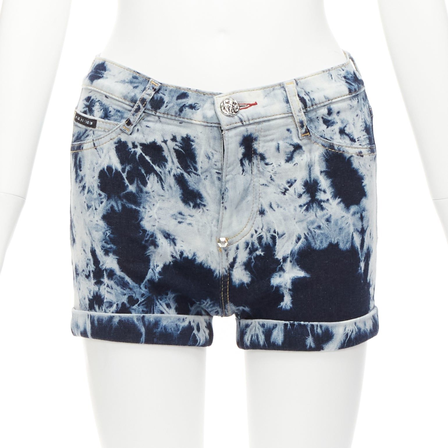 Philipp Plein PHILLIP PLEIN High Waist Hot Pants blue tie dye washed cuffed shorts 25" Size 26" / US 2 / IT 38 - 1 Thumbnail