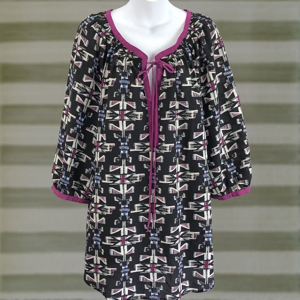 Vintage Daniel Rainn Geometric Tie 3/4 Sleeve Blouse 2X Black Purple Geometric Abstract Casual Women Shirt Size XXL / US 16-18 / IT 52-54 - 1 Thumbnail