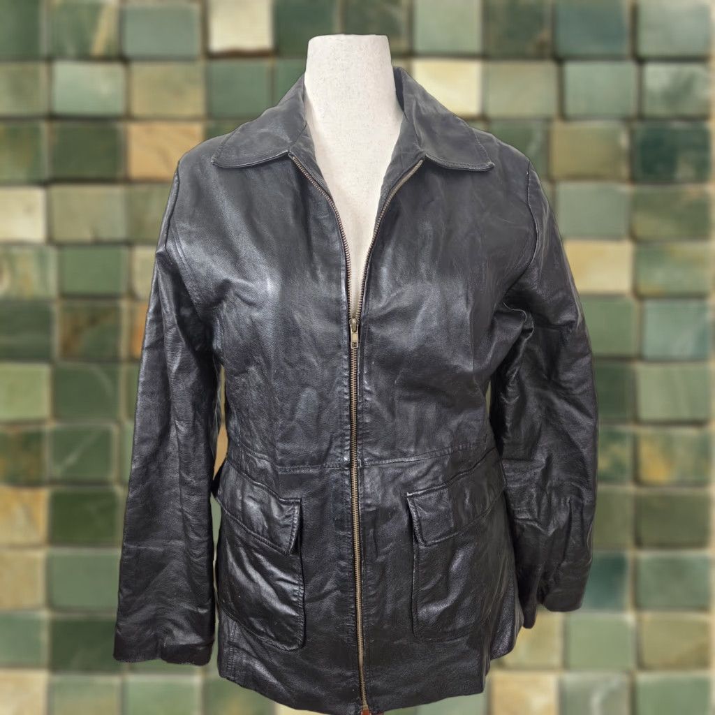 Vintage VINTAGE Womens XL Tall Black Leather Jacket Coat Collared Full Zip 90s Biker Classic Pockets Size XL / US 12-14 / IT 48-50 - 1 Thumbnail