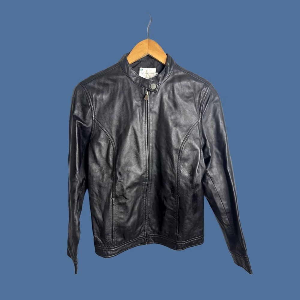 Vintage Calvin Klein Jeans Jacket Womens Medium Black Leather Moto Full Zip Biker Collar Size 32" / US 10 / IT 46 - 1 Thumbnail