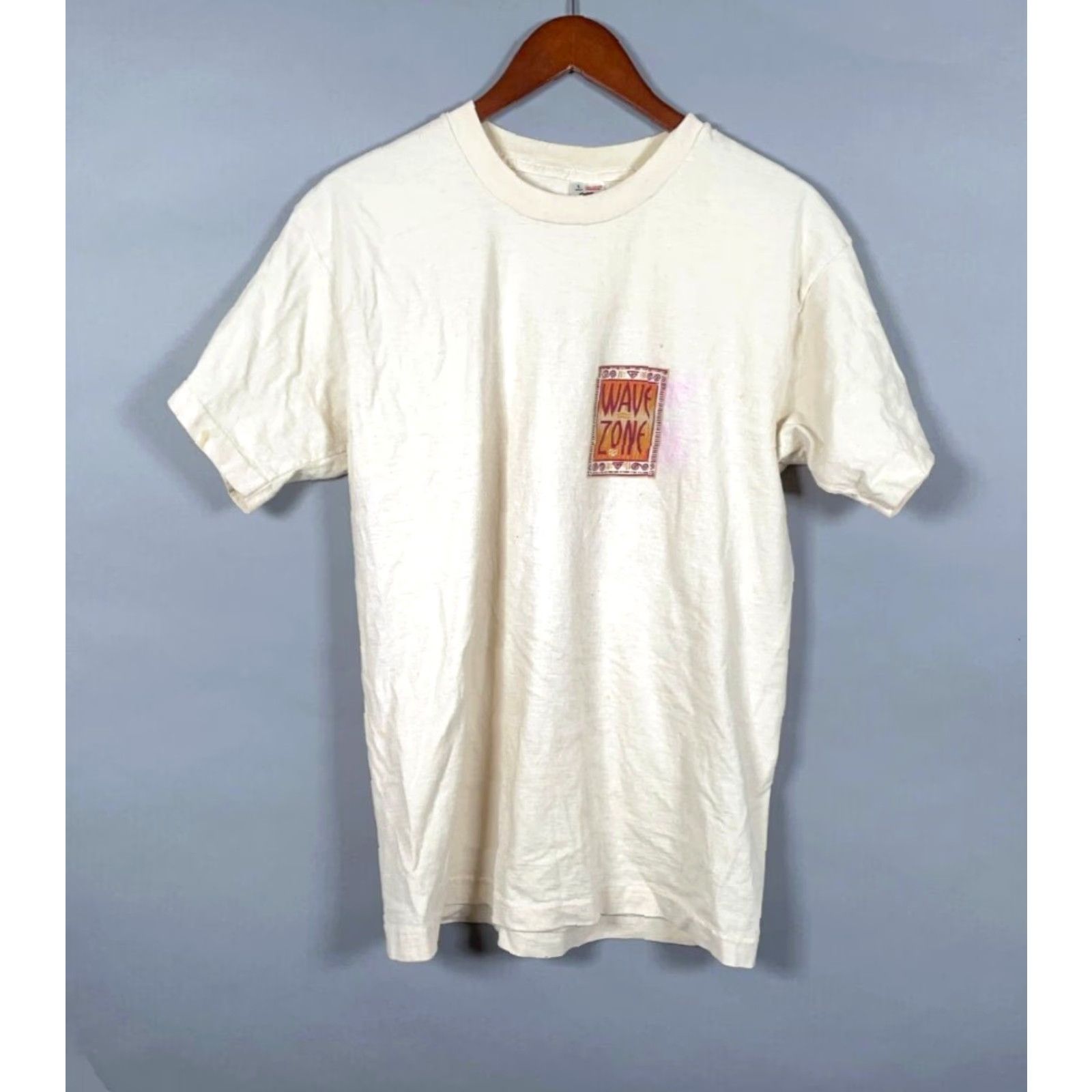 Fruit Of The Loom Vintage 90s Wave Zone T-Shirt Adult Medium Ivory Double-Sided Surf Beach Retro Cotton Men's Size US M / EU 48-50 / 2 - 2 Thumbnail
