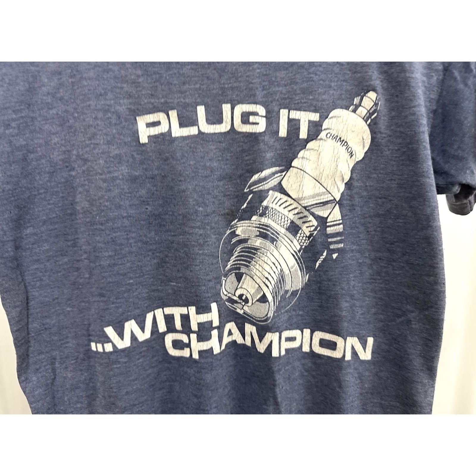 Vintage VTG 70s Champion Nascar Racing T-Shirt Blue S Mens Short Sleeve Vintage Plug It With Spark Hot Rod Barns Faded Paper Thin Shirt Size US S / EU 44-46 / 1 - 3 Thumbnail
