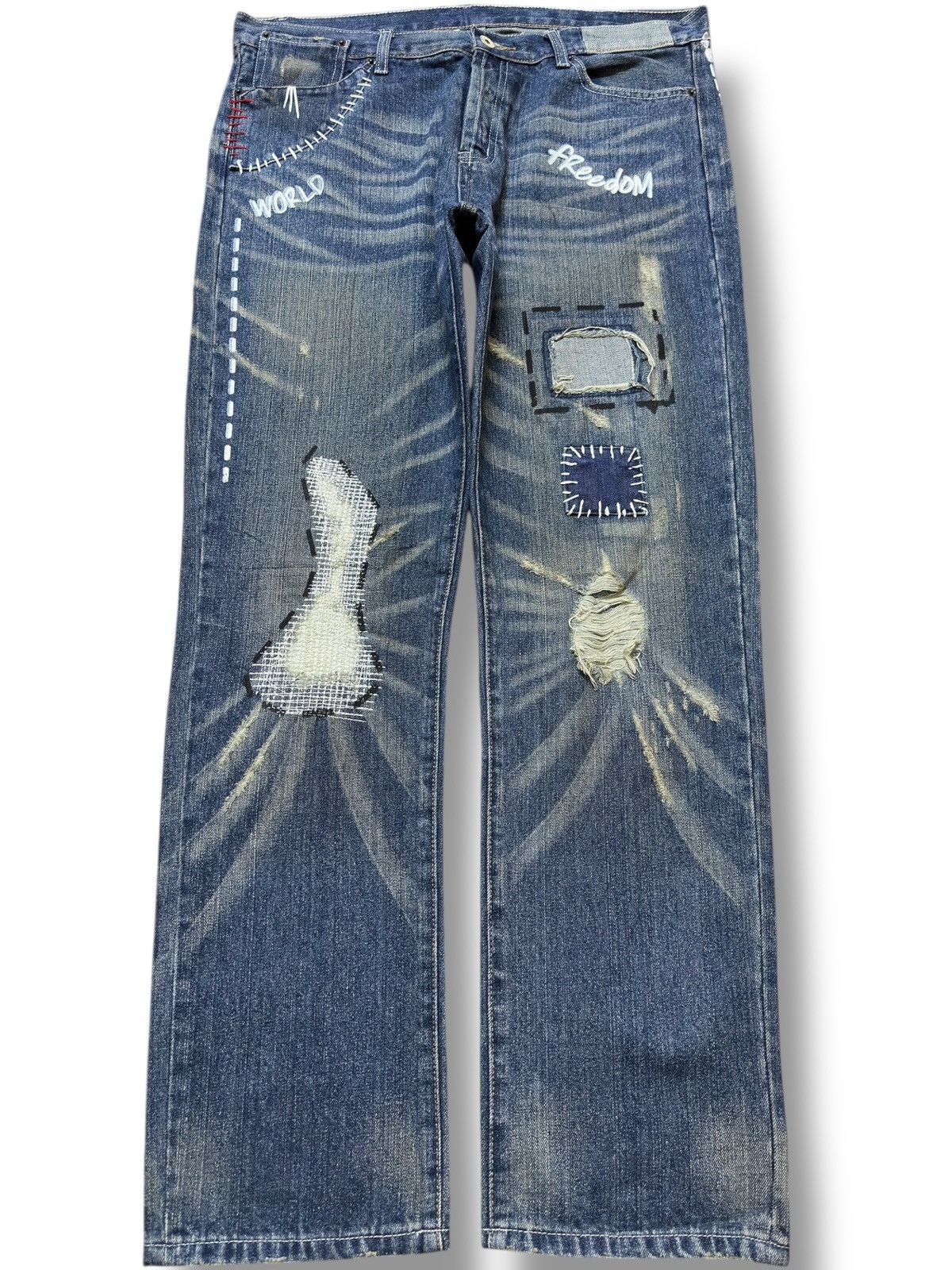 Le Grande Bleu (L.G.B.) Vintage Japanese Brand Art Works Painted Denim Size US 37 - 1 Thumbnail