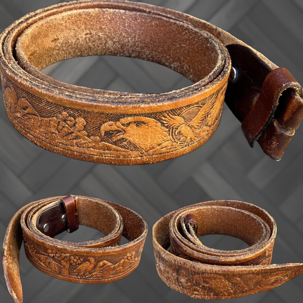 Vintage VINTAGE Tooled Stamped Leather Belt Eagle Nature Mountains Cowboy Western Biker Size ONE SIZE - 1 Thumbnail