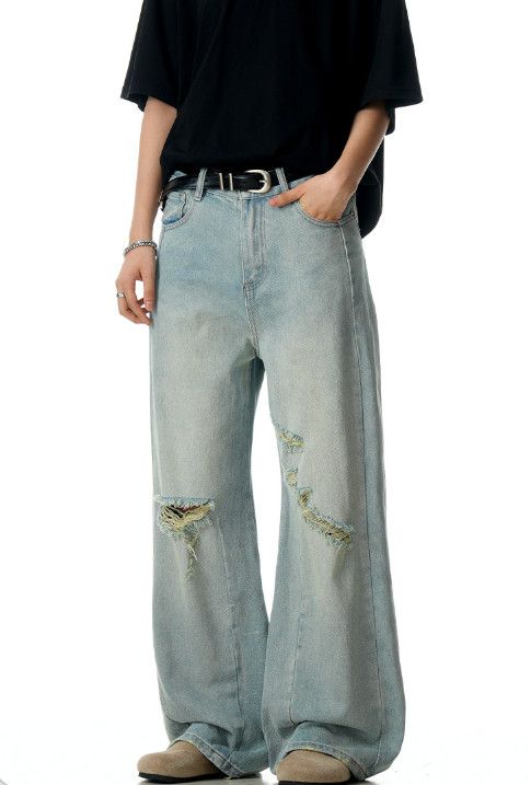 Vintage Retro men's loose wide-leg casual straight-leg ripped jeans Size US 32 / EU 48 - 2 Thumbnail