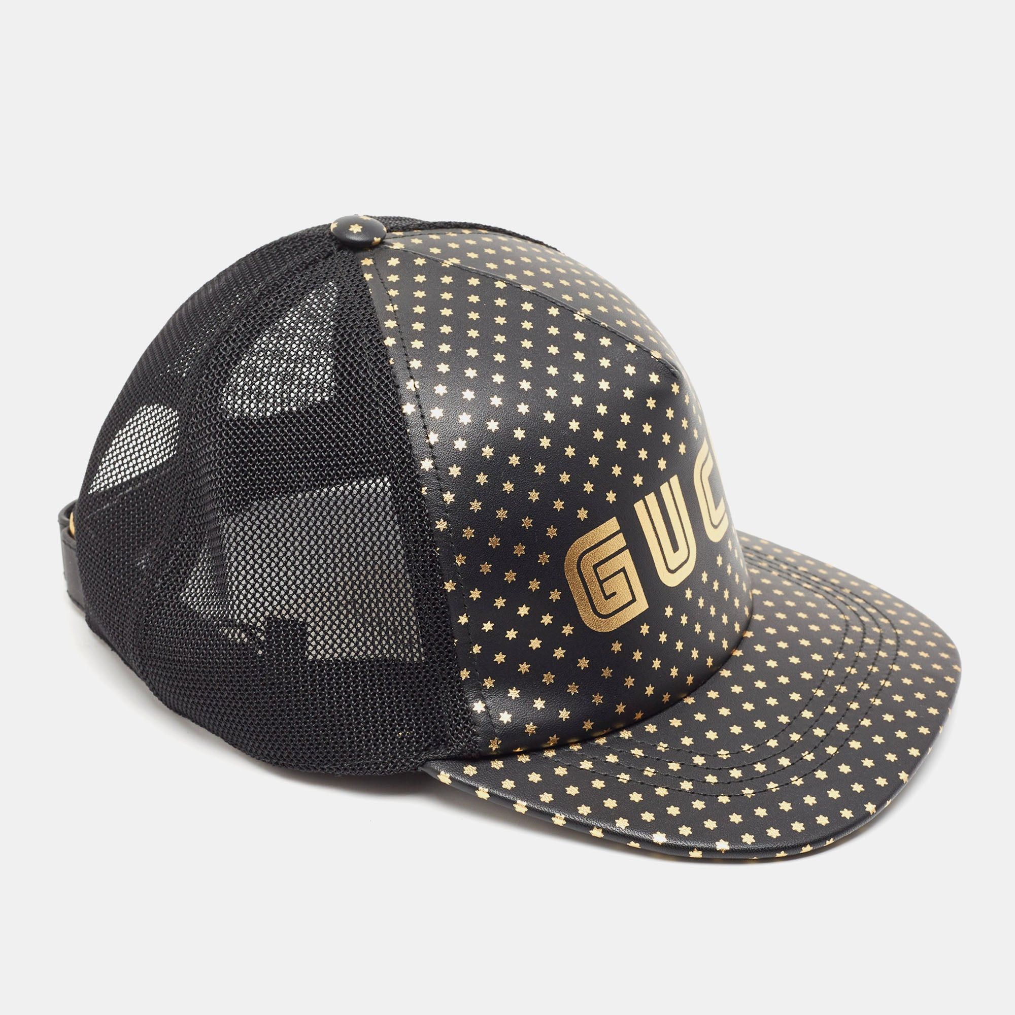 image of Gucci Black Guccy Stars Print Leather & Mesh Baseball Cap M, Women's