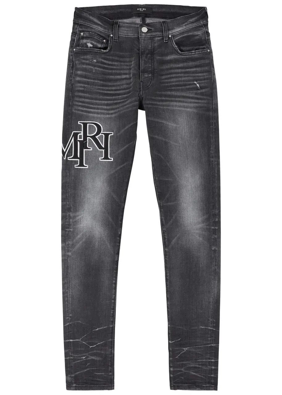 oc11z0225 Staggered Embroidered Logo Jeans in Storm Grey