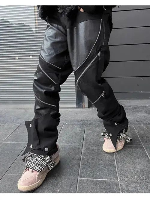 Other Patchwork Faux Multiple Zippers Jeans Trousers Leather Pants Size US 30 / EU 46 - 3 Thumbnail