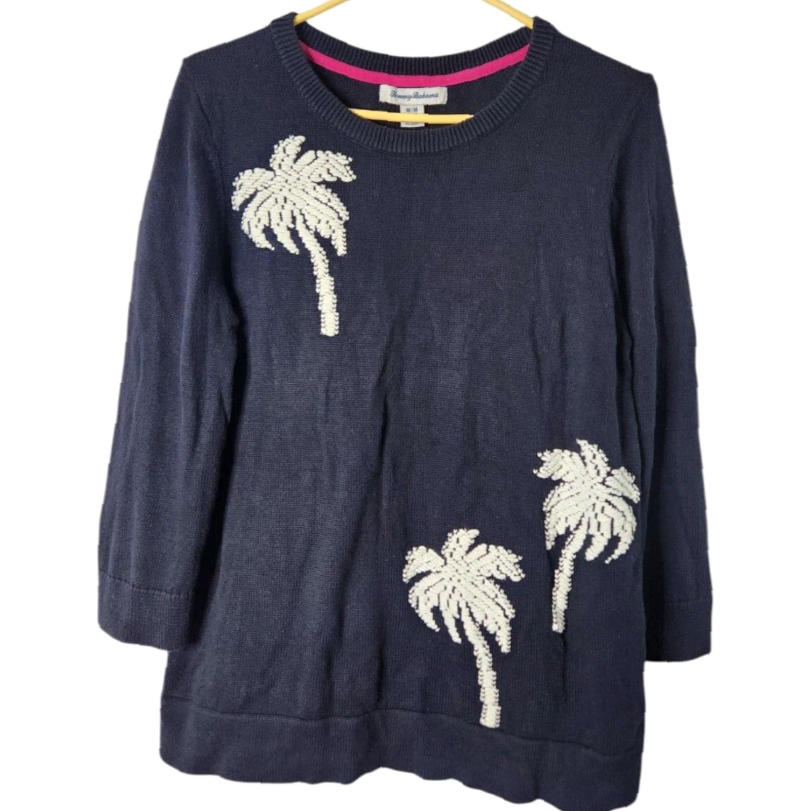 Tommy Bahama Tommy Bahama Womens M Palm Tree Knit Sweater Cotton Pullover Navy Blue Size M / US 6-8 / IT 42-44 - 2 Thumbnail