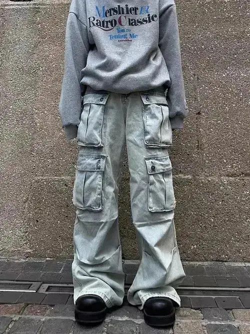Japanese Brand Retro multi-pocket workwear wide-leg floor-length jeans Size US 32 / EU 48 - 5 Thumbnail