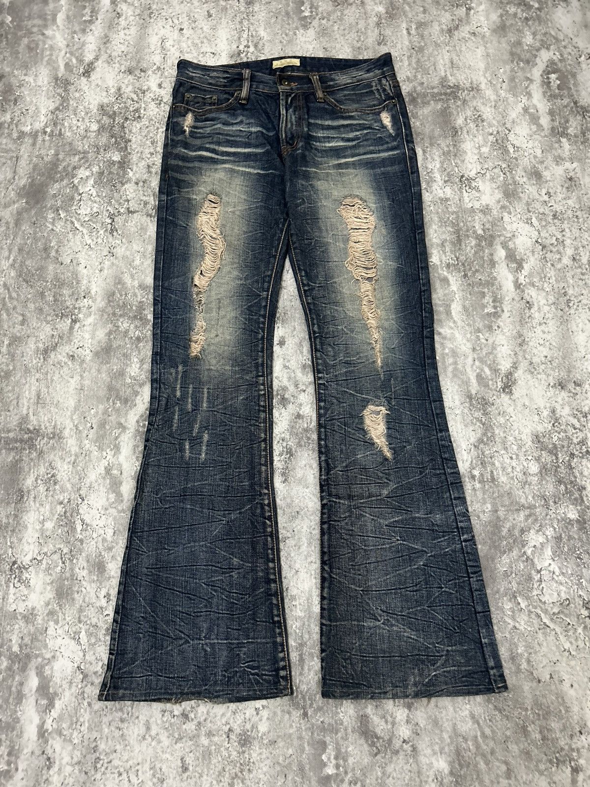 image of 14Th Addiction x If Six Was Nine Goa Japan Distressed Denim Flare Jeans in Navy, Men's (Size 31)