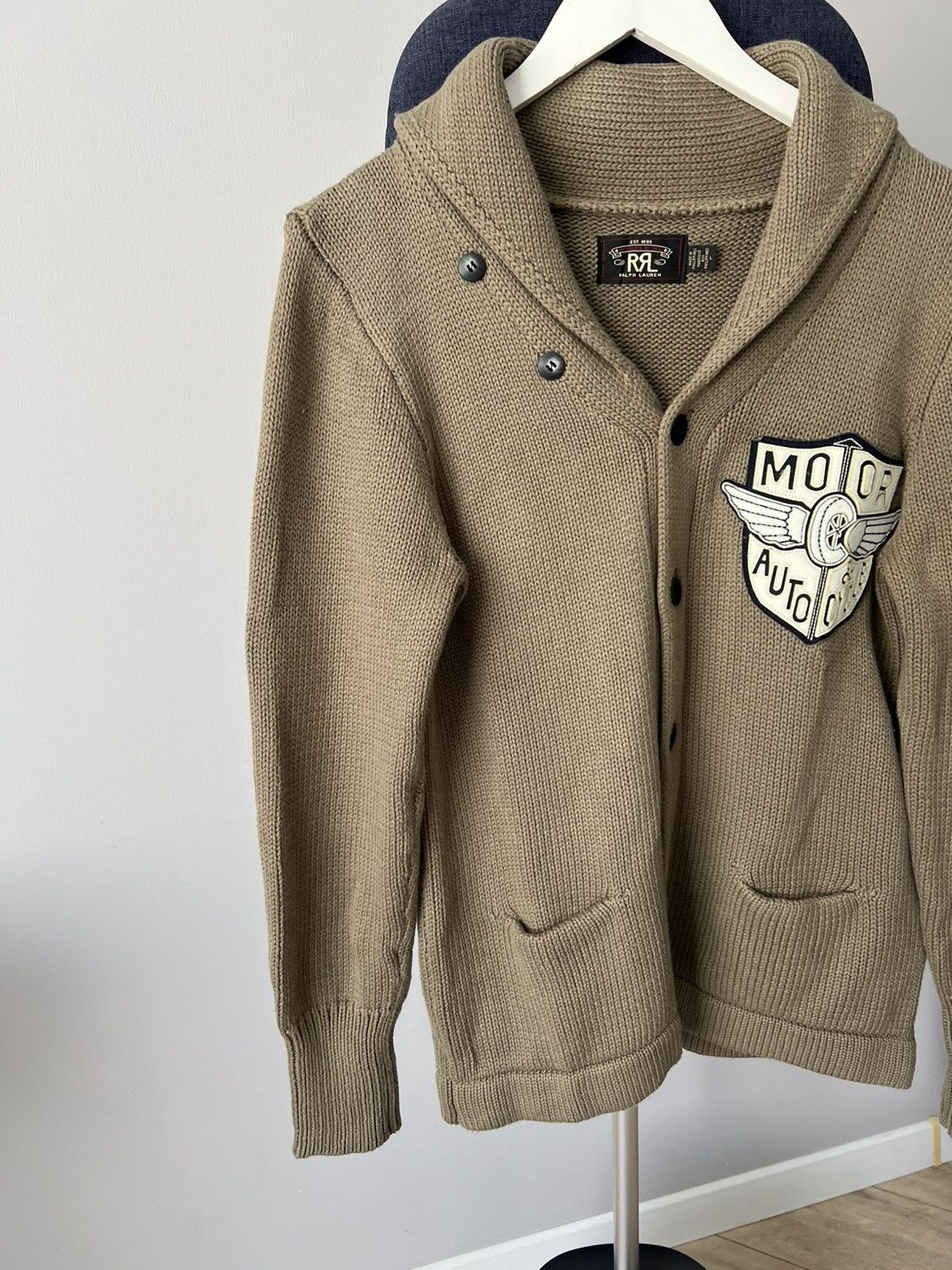 RRL Ralph Lauren Shawl Collar Knit Cardigan Motorcycle Patch